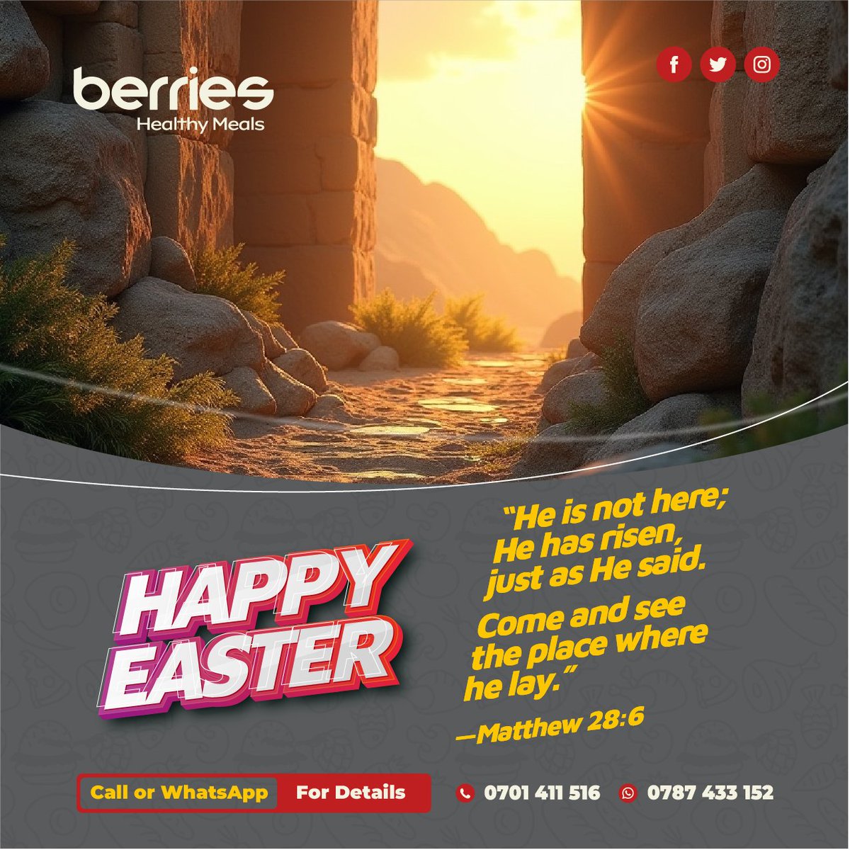 LaBerriesUG's tweet photo. He is risen! ✨
Wishing you joy, peace, and renewal this Easter Sunday.
From all of us at Berries 💛
#HappyEaster #HeIsRisen #Berries #HealthyMeals https://t.co/0pmNT7ujub