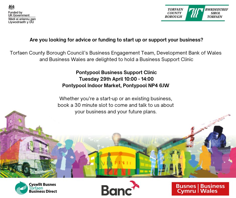 Torfaen Business Direct (@torfaenbiz) on Twitter photo ❕Looking for advice or funding to support your business?
<a href="/torfaencouncil/">Torfaen Council 🏴🇺🇦</a> Business Engagement Team <a href="/devbankwales/">Development Bank of Wales</a> & <a href="/_businesswales/">Business Wales</a>
are holding a Business Support Clinic
📅Tuesday 29th February
🗺️ Pontypool Indoor Market
Book your 30 minute slot here👇
torfaen.gov.uk/en/LeisurePark… ❕Looking for advice or funding to support your business?
<a href="/torfaencouncil/">Torfaen Council 🏴🇺🇦</a> Business Engagement Team <a href="/devbankwales/">Development Bank of Wales</a> & <a href="/_businesswales/">Business Wales</a>
are holding a Business Support Clinic
📅Tuesday 29th February
🗺️ Pontypool Indoor Market
Book your 30 minute slot here👇
torfaen.gov.uk/en/LeisurePark…