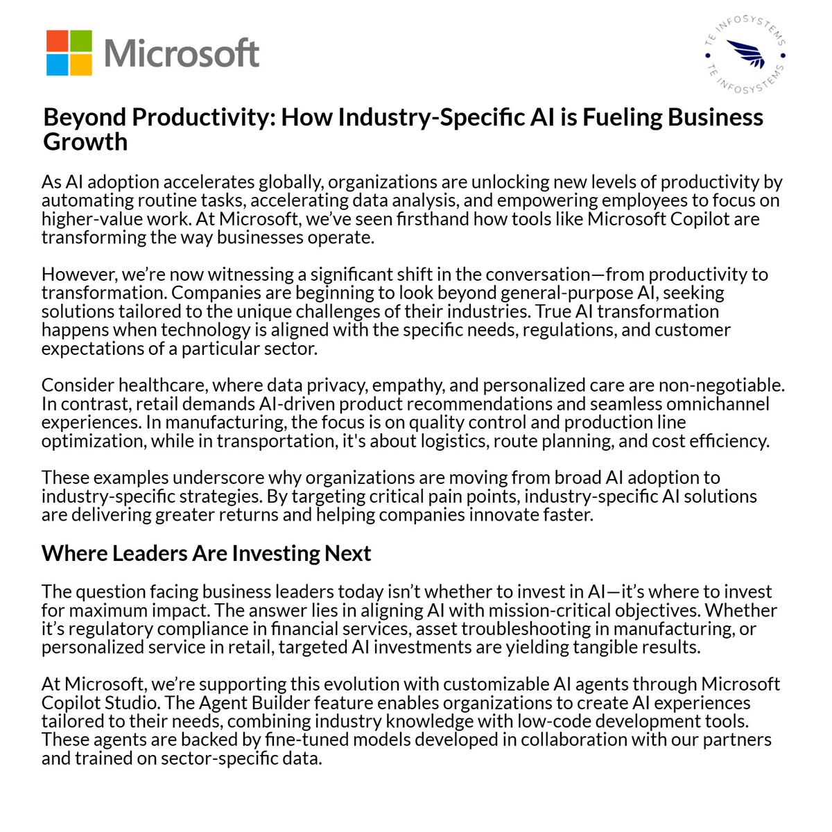 TEInfosystem's tweet photo. 🚀 Beyond productivity—AI is transforming industries 🔍

From 💳 finance to 🏥 healthcare, 🛒 retail to 🏭 manufacturing, businesses are shifting from general AI to industry-specific solutions for bigger impact.

#AI #MicrosoftCopilot #DigitalTransformation #IndustryAI https://t.co/J7KYT1zTNq