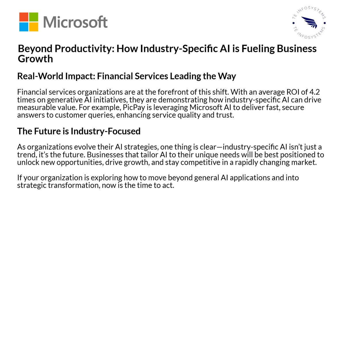TEInfosystem's tweet photo. 🚀 Beyond productivity—AI is transforming industries 🔍

From 💳 finance to 🏥 healthcare, 🛒 retail to 🏭 manufacturing, businesses are shifting from general AI to industry-specific solutions for bigger impact.

#AI #MicrosoftCopilot #DigitalTransformation #IndustryAI https://t.co/J7KYT1zTNq