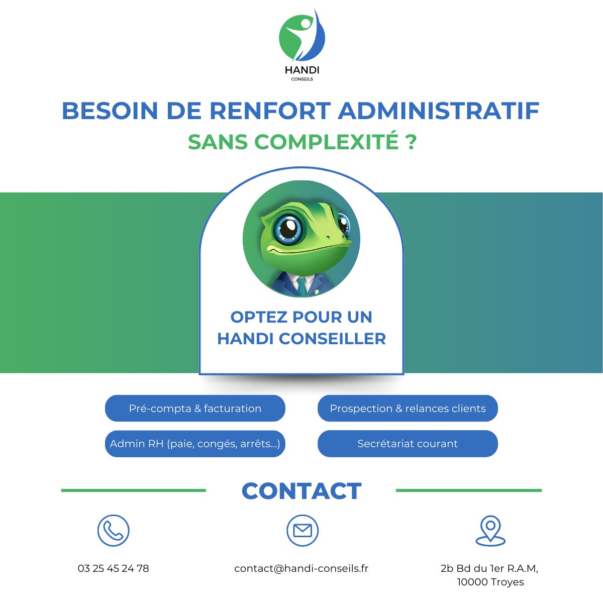 HandiConseils's tweet photo. 🔹 Besoin de renfort administratif, sans complexité ?
Chez Handi Conseils, on vous propose des solutions agiles, économiques et inclusives ! 💼♿
📲 Contactez-nous pour en savoir plus !
#HandiConseils #Inclusion #Handicap #RSE #Secrétariat #Précompta #Externalisation https://t.co/QjiXcGujoM