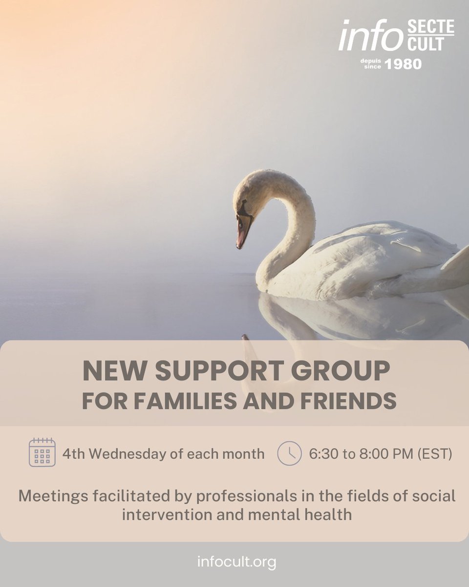 Info_Secte's tweet image. 📣We are excited to announce the launch of english-language meetings of the #SupportGroup for the families and loved ones of people in #HighControlGroups or relationships.

➡️ To take part, please click infosecte.org/en/support-gro…