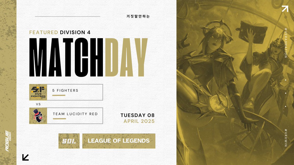 Verax Esports (@veraxesports) on Twitter photo ‼️FEATURED MATCHDAY‼️
The quarter finals of div. 4 are upon us, and this time we'll be checking in live on two giants clashing in a BO3 tonight 🔥
⏰| 18:30 CET
🎙️| <a href="/G0bice/">Gobice</a> & <a href="/PappaPatryk/">PappaPatryk</a>
⚔️| <a href="/FiveFightersLoL/">Five Fighters</a> vs <a href="/LoLTeamLucidity/">Team Lucidity</a>
📺| twitch.tv/veraxesports
#SOLS10 #SOL25 ‼️FEATURED MATCHDAY‼️
The quarter finals of div. 4 are upon us, and this time we'll be checking in live on two giants clashing in a BO3 tonight 🔥
⏰| 18:30 CET
🎙️| <a href="/G0bice/">Gobice</a> & <a href="/PappaPatryk/">PappaPatryk</a>
⚔️| <a href="/FiveFightersLoL/">Five Fighters</a> vs <a href="/LoLTeamLucidity/">Team Lucidity</a>
📺| twitch.tv/veraxesports
#SOLS10 #SOL25