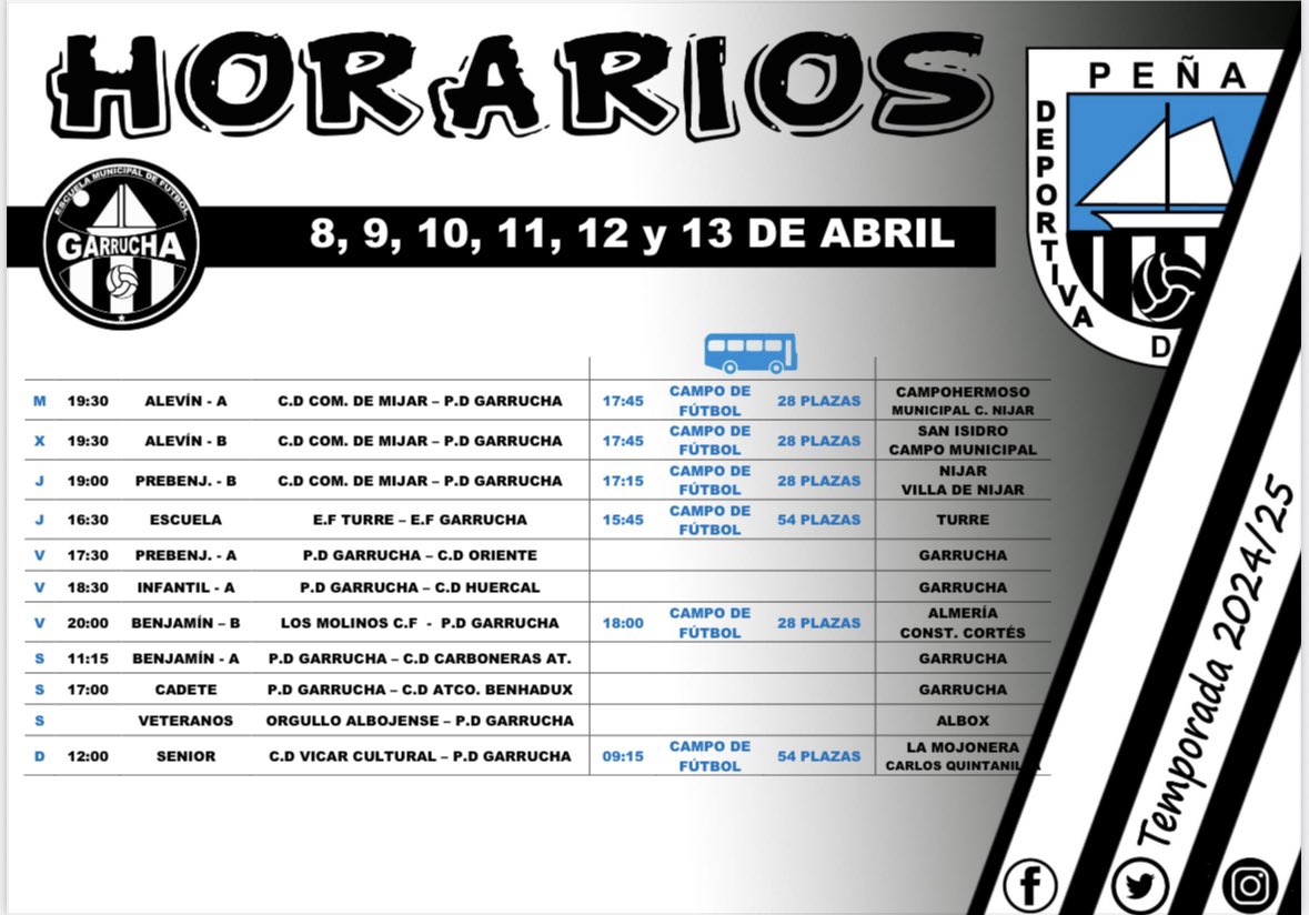 EF_GARRUCHA's tweet photo. HORARIO DE PARTIDOS DEL MARTES 08, MIÉRCOLES 09, JUEVES 10, VIERNES 11, SÁBADO 12 Y DOMINGO 13 DE ABRIL!!⚪️⚫️⚽️💪

#PDG1927 
#EFG1992
#UnEquipoUnaIlusion ⚪️⚫️⚽️👌 https://t.co/UplF9oZ5EJ