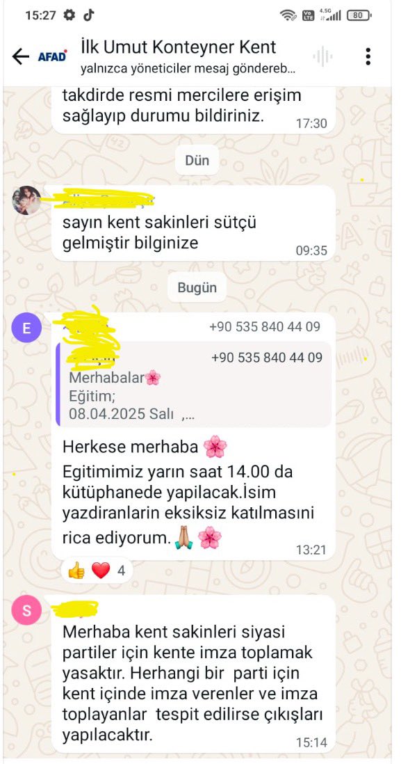 Hatay’da AFAD, konteyner kentlerde kalanları kentten atmakla tehdit ediyor:

Merhaba kent sakinleri siyasi partiler için kente imza toplamak yasaktır. Herhangi bir parti için kent içinde imza verenler ve imza toplayanlar tespit edilirse çikislari
yapılacaktır.