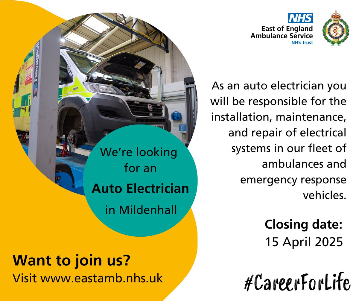 We're looking for an auto electrician to help keep our emergency vehicles on the road, responding to patients 🚑

Start your #CareerForLife with us today.

📍 Mildenhall, Norfolk

Find out more and apply: eastamb.nhs.uk/join-the-team/…