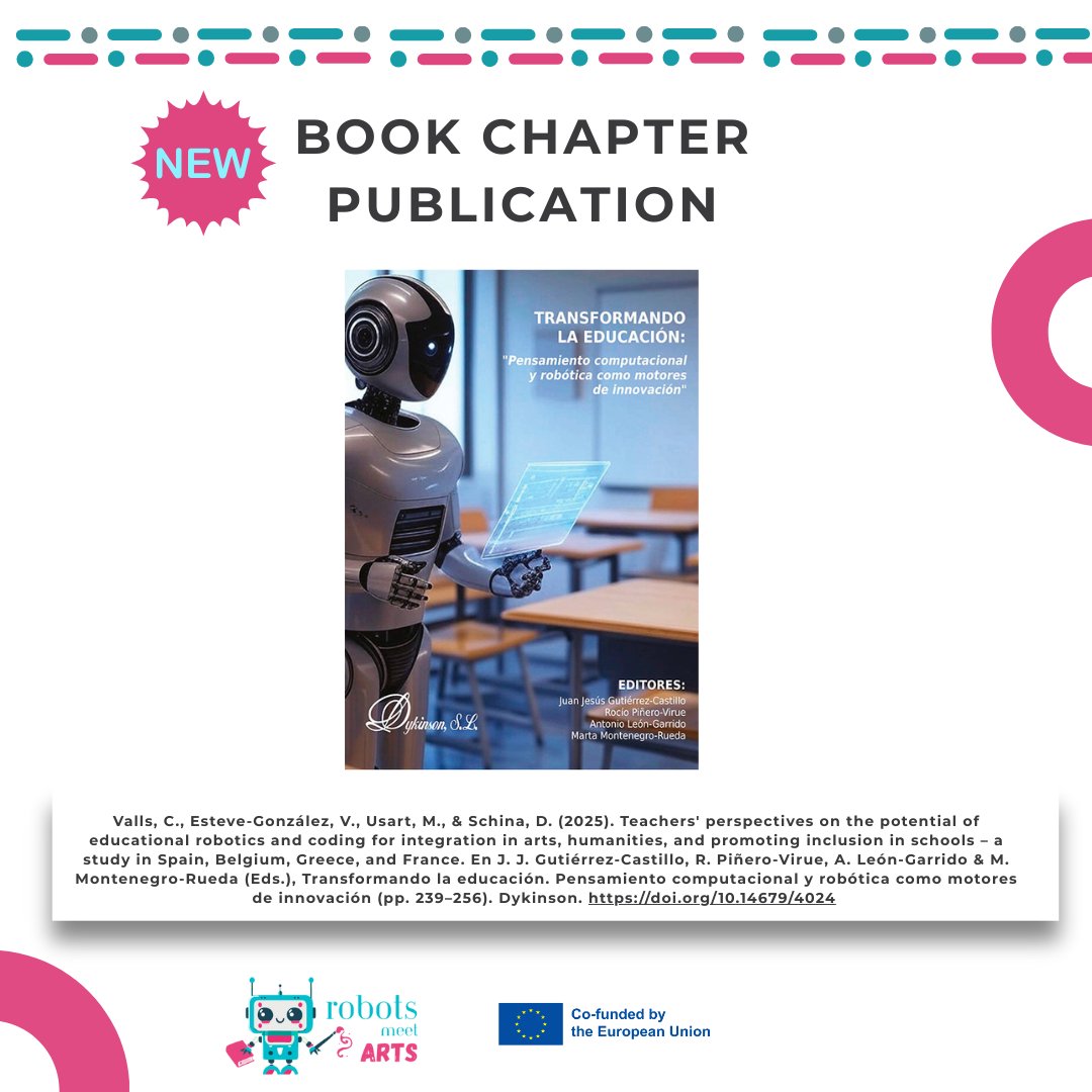 🚨 New Publication! Excited to share our chapter in <a href="/dykinsonlibros/">Librería - Editorial Dykinson 📚</a>  
✍️Authors:  <a href="/CristinaValls06/">Cristina Valls</a> <a href="/vesteveg/">Vane</a> <a href="/mireiausart/">Mireia Usart</a> <a href="/schinadesp/">Despoina Schina</a>  <a href="/argeturv/">ARGET</a> <a href="/StimmuliFChange/">Stimmuli for Social Change</a> 🎨🤖 This work is part of the Erasmus+ project Robots meet Arts.
🔗DOI: doi.org/10.14679/4024