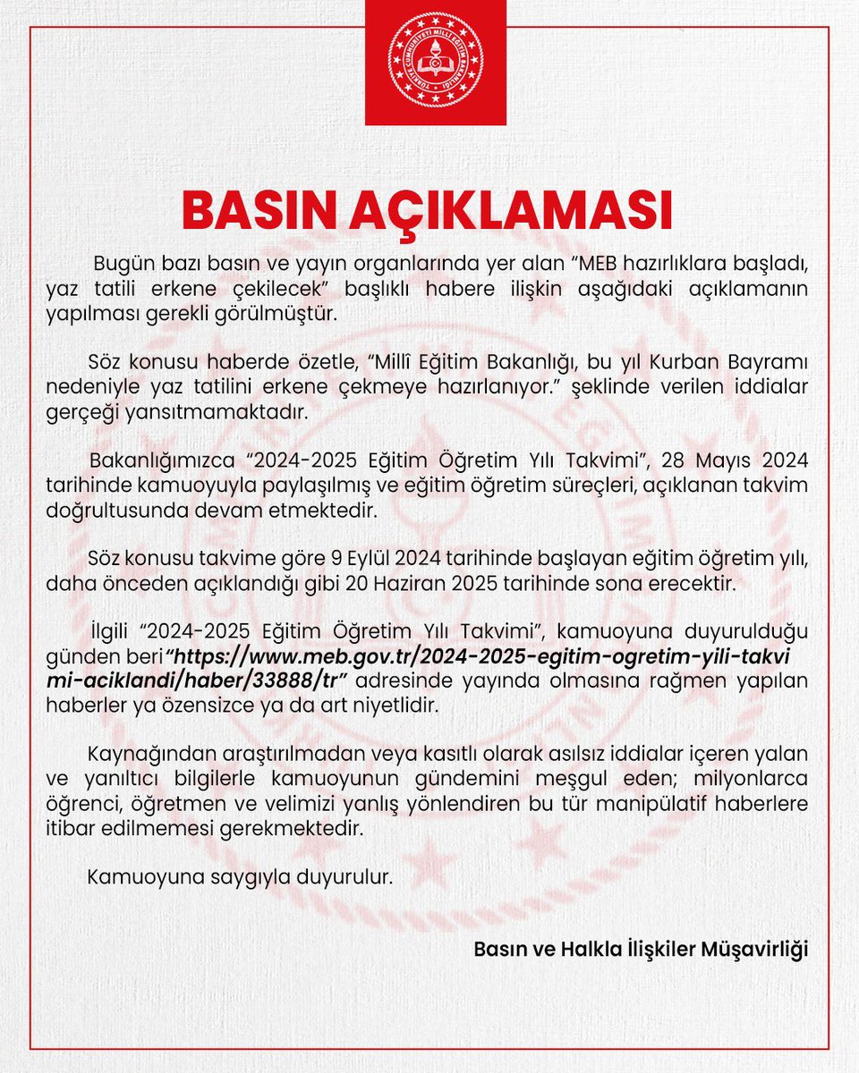 Bugün bazı basın ve yayın organlarında yer alan “MEB hazırlıklara başladı, yaz tatili erkene çekilecek” şeklindeki haberlere ilişkin açıklama yapılması gerekli görülmüştür.

👉🏻 meb.ai/0SHMPy
