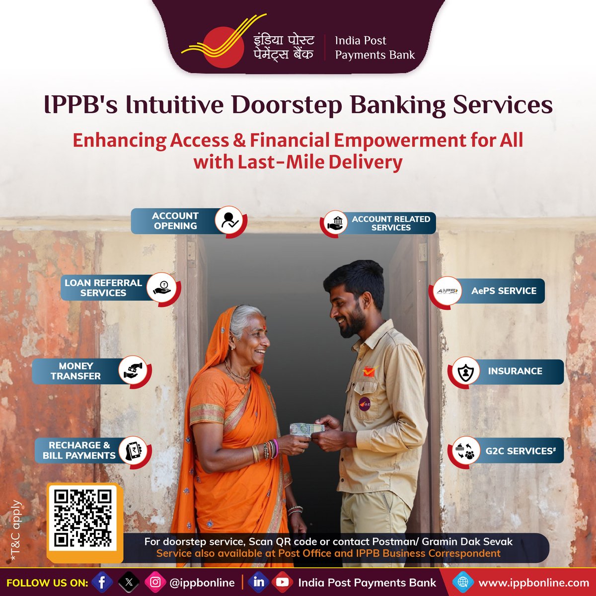 Bridging the gap between you and your bank! With @IPPBonline Doorstep Banking facility, your trusted Dakiya/ Postman/ Gramin Dak Sevak delivers essential banking services right to your home. IPPB brings all your financial needs under one roof-making banking simpler, safer, and