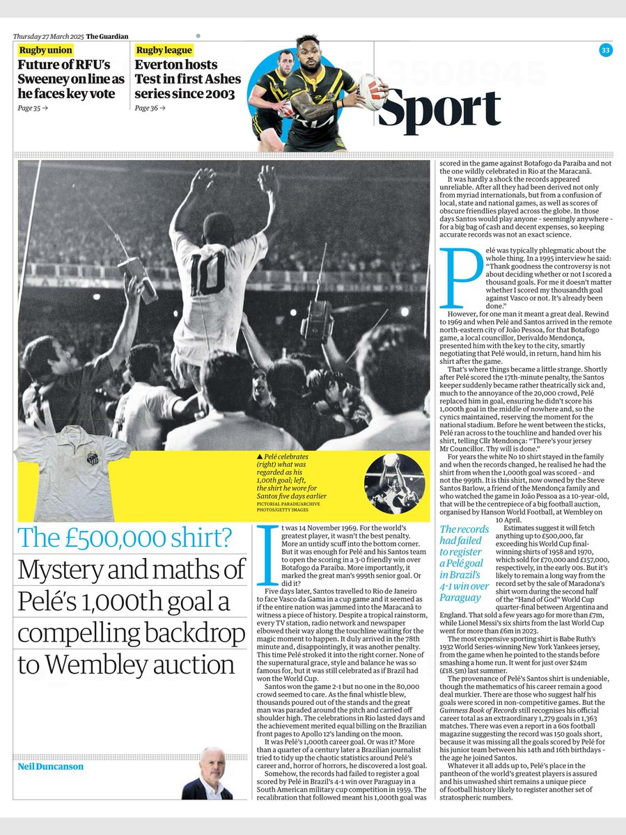 Pele's Actual 1000th goal shirt going under the hammer at Wembley Stadium on Thursday.
hansonsworldfootball.com
 #pele #santosfc #Brazil #Worldfootballauction #wembley.