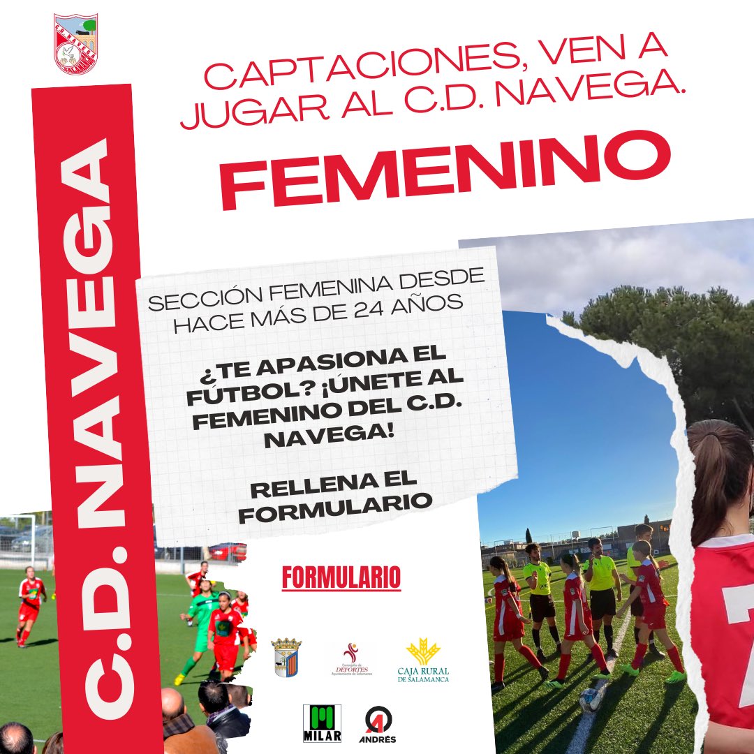 CDNavega's tweet photo. ⚽✨ ¡SE ABREN LAS CAPTACIONES EN EL C.D. NAVEGA! ✨⚽  Buscamos jugadores y jugadoras de todas las categorías. ¡Tu sitio está en el campo!

✍🏻 Solo tienes que rellenar el formulario y te informaremos de las fechas de tu categoría. 
📲 https://t.co/FxrBekcPzw

#Navega🔴⚪️ https://t.co/zYF2YFIVrA