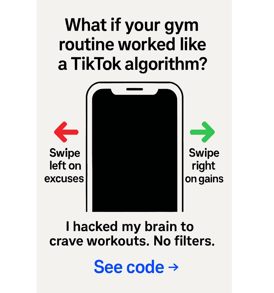 KaptenR666's tweet image. What if your gym routine worked like a TikTok algorithm?
Swipe left on excuses.
Swipe right on gains.
I hacked my brain to crave workouts. No filters.
See code →
medium.com/@kaptenr1/how-…

#ViralFitness #LifeAlgorithm