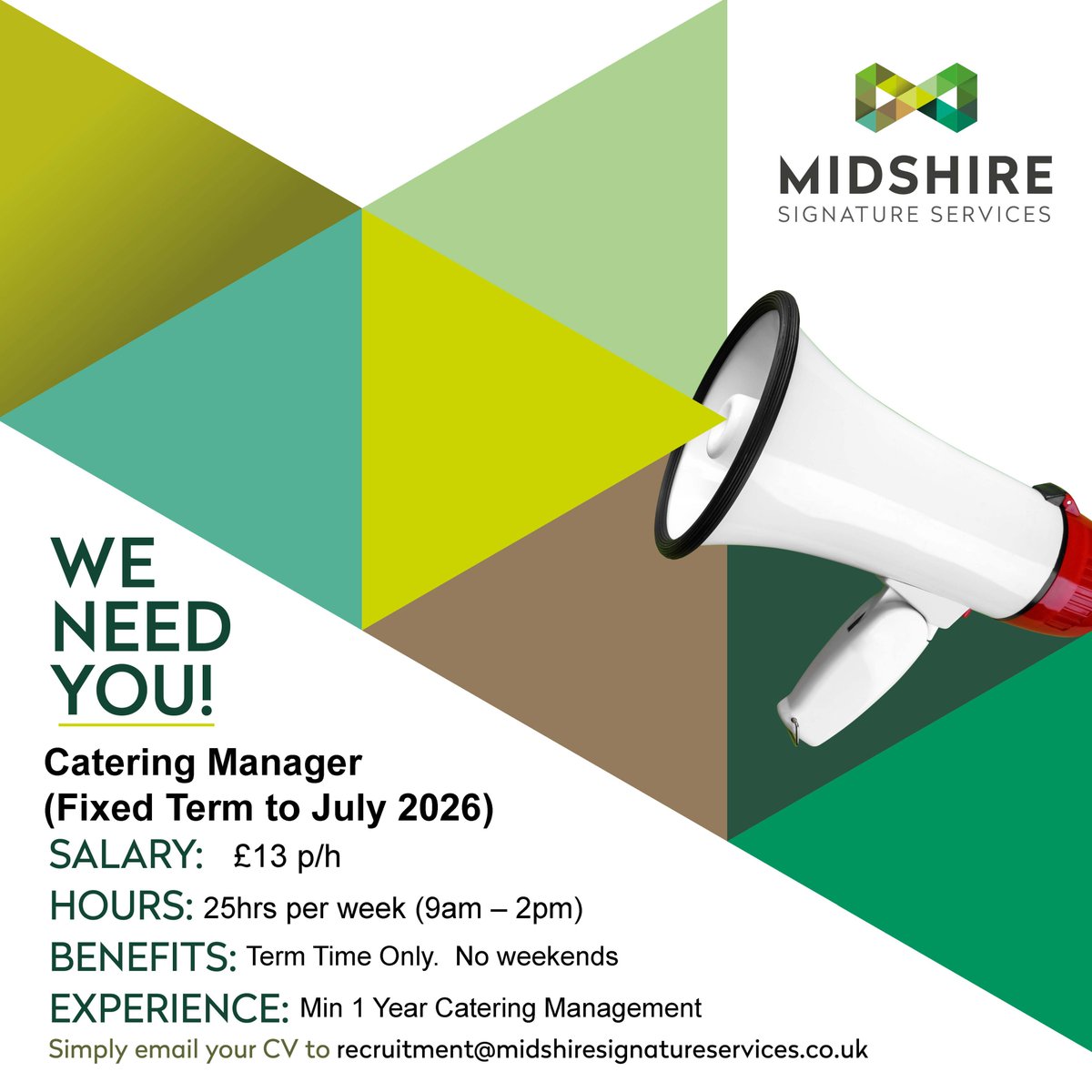 WE'RE HIRING!

Are you looking for a new role within catering? Term time only appeals to you? Based near Keighley?

This could be the job for you!

If this appeals to you, simply email your CV to recruitment@midshiress.co.uk