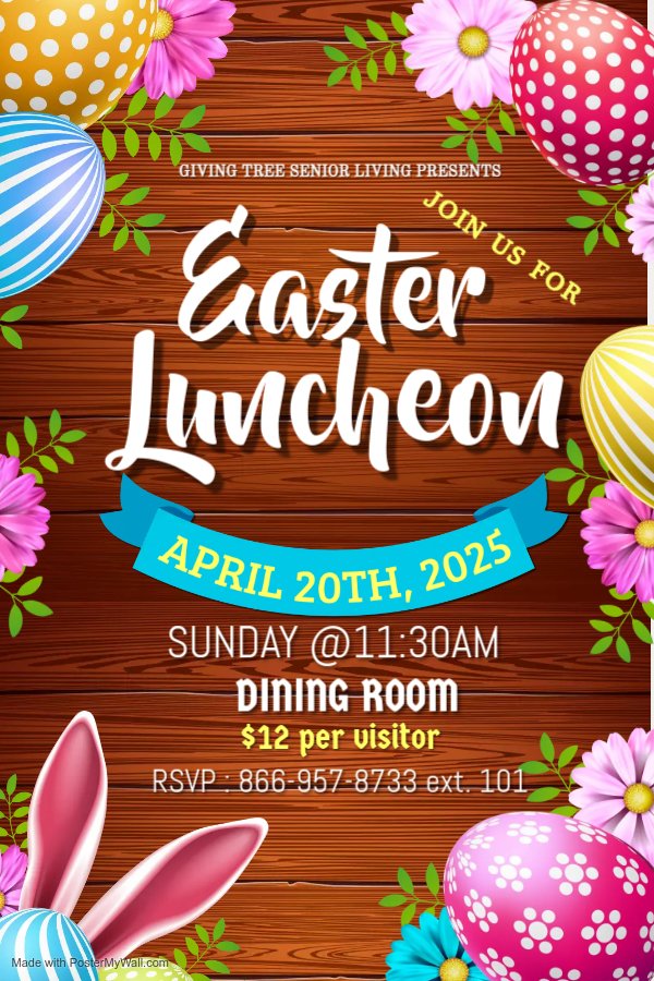 givingtreeSL's tweet photo. You're invited to our Easter Luncheon at Giving Tree Senior Living! Join us on Sunday, April 20th, 2025, at 11:30 AM in the Dining Room for a delightful celebration with good food,

Read more : https://t.co/WHGzKcCkxH

#EasterLuncheon #SeniorLivingEvents #Easter2025 https://t.co/Gig77XFG8s