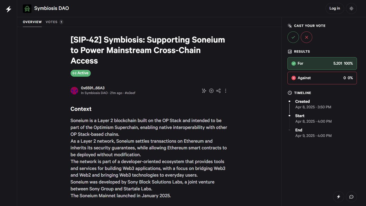 Hey hey, a new EVM is up for integration 👀

@Soneium fam — if it passes, you'll be connected to 42 other networks via Symbiosis 👏

$veSIS team, kindly vote. And $SIS holders… why haven’t you staked your tokens yet?!

snapshot.box/#/s:symbiosisd…