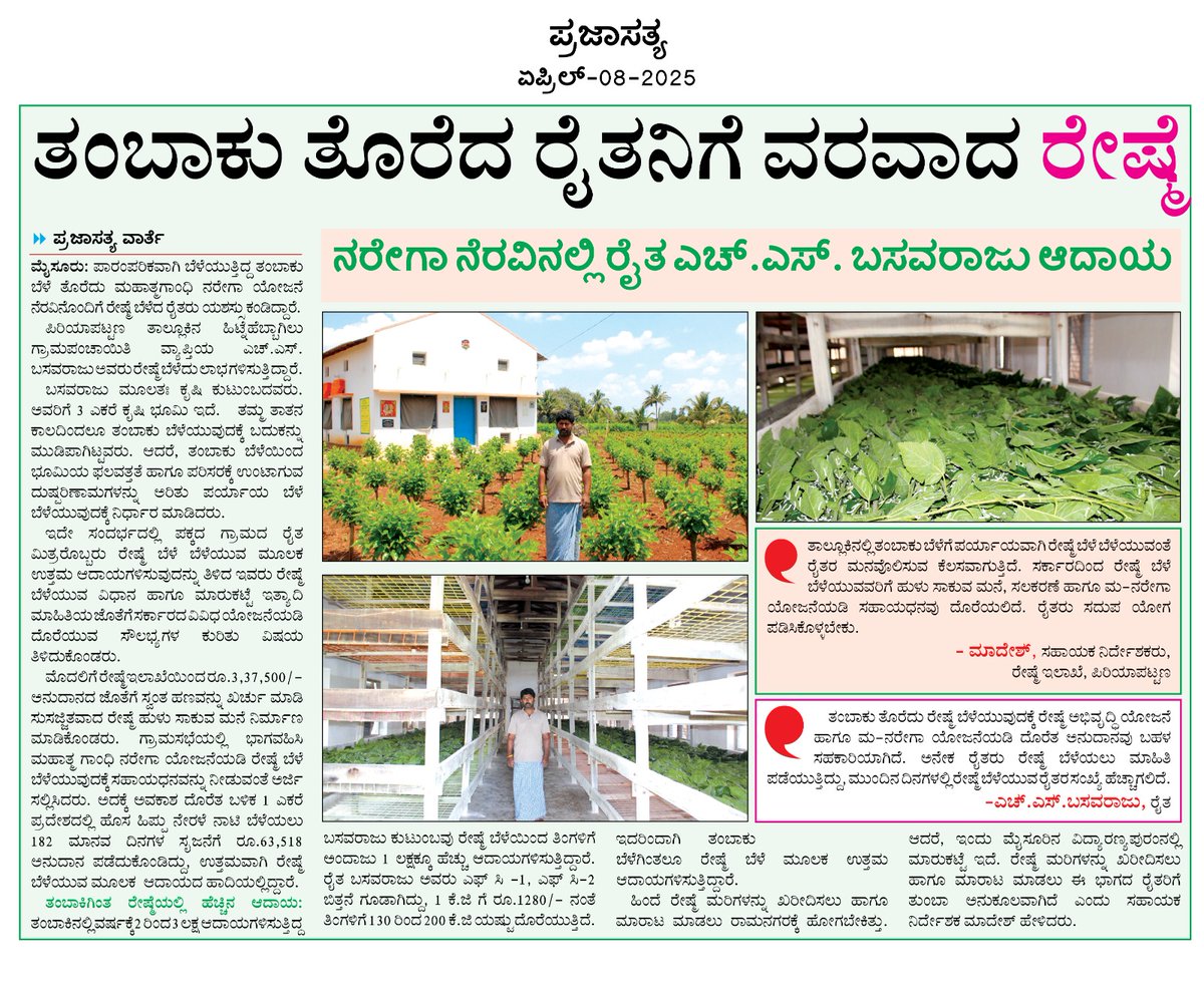 MgnregaPeriyap1's tweet photo. "ತಂಬಾಕು ತೊರೆದ ರೈತನಿಗೆ ವರವಾದ ರೇಷ್ಮೆ"

"ನರೇಗಾ ನೆರವಿನಲ್ಲಿ ರೈತ ಎಚ್.ಎಸ್.ಬಸವರಾಜು ಆದಾಯ" https://t.co/3lFL2LScOU