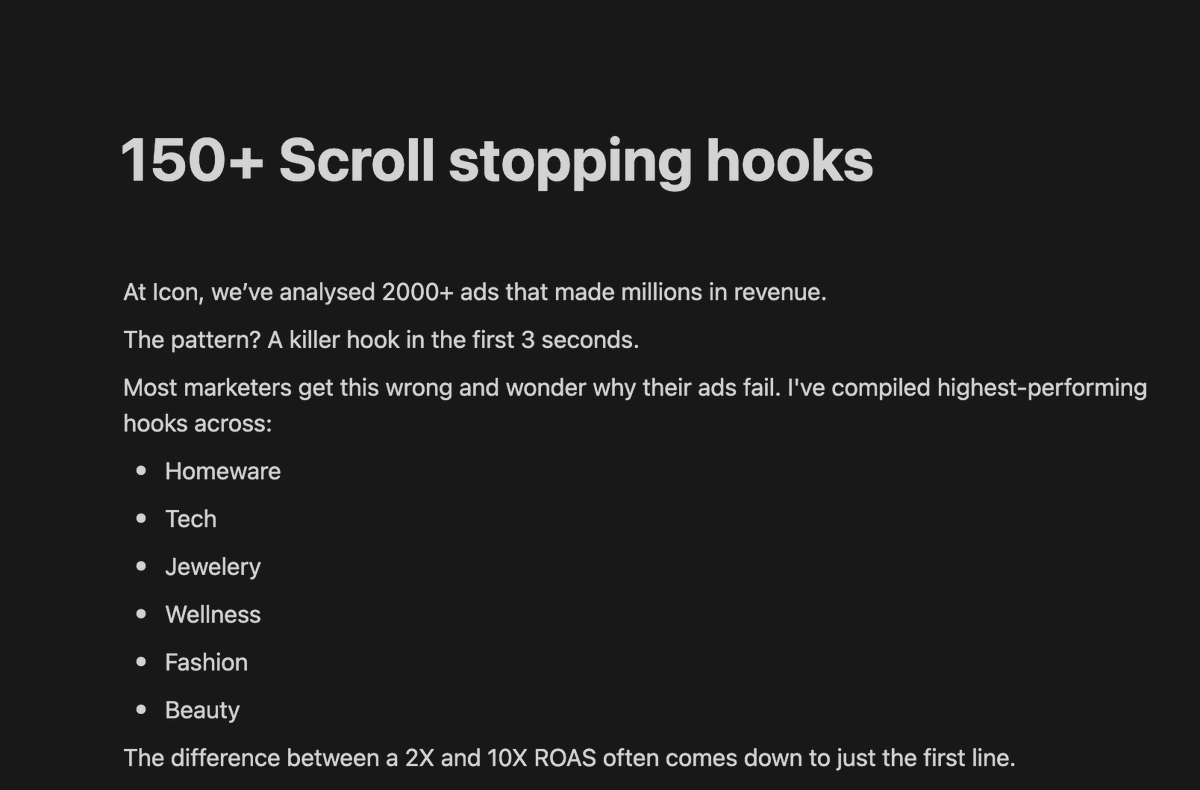 I wasn’t going to post this, but here we are.

I just dropped 150+ proven ad hooks — crafted from 2,000+ winning ads that made millions.

Each one’s battle-tested. Sorted by niche &amp; format. Just plug and play.

To the right marketer, this is a goldmine.

RT this &amp; comment “HOOKS”