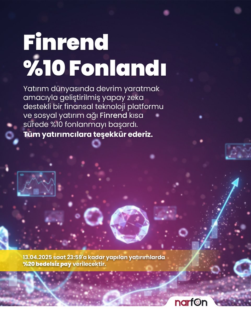 Yatırım dünyasında devrim yaratmak amacıyla geliştirilmiş yapay zeka destekli bir finansal teknoloji platformu ve sosyal yatırım ağı <a href="/finrend/">Finrend</a>  kısa sürede %10 fonlanmayı başardı.
Tüm yatırımcılara teşekkür ederiz.