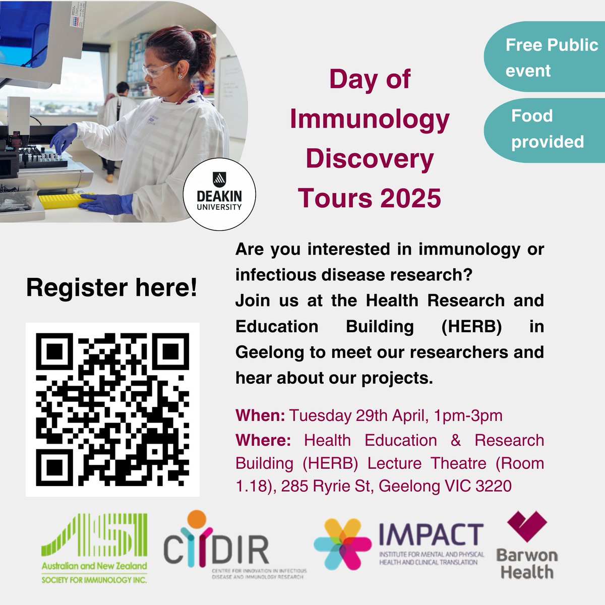 CIIDIR (@ciidir_hub) on Twitter photo ๐Upcoming Event!๐
๐๐ฝ๐ฟ๐ถ๐น ๐ฎ๐ต, ๐ญ-๐ฏ๐ฝ๐บ
Come & meet our researchers and discuss all things immunology to celebrate <a href="/DayofImmunology/">Day of Immunology</a> 2025.
Register here (or scan the QR code): shorturl.at/YinQ3
<a href="/Deakin/">Deakin University</a> <a href="/BarwonHealth/">Barwon Health</a> <a href="/ASImmunology/">Australian and New Zealand Society for Immunology</a> ๐Upcoming Event!๐
๐๐ฝ๐ฟ๐ถ๐น ๐ฎ๐ต, ๐ญ-๐ฏ๐ฝ๐บ
Come & meet our researchers and discuss all things immunology to celebrate <a href="/DayofImmunology/">Day of Immunology</a> 2025.
Register here (or scan the QR code): shorturl.at/YinQ3
<a href="/Deakin/">Deakin University</a> <a href="/BarwonHealth/">Barwon Health</a> <a href="/ASImmunology/">Australian and New Zealand Society for Immunology</a>