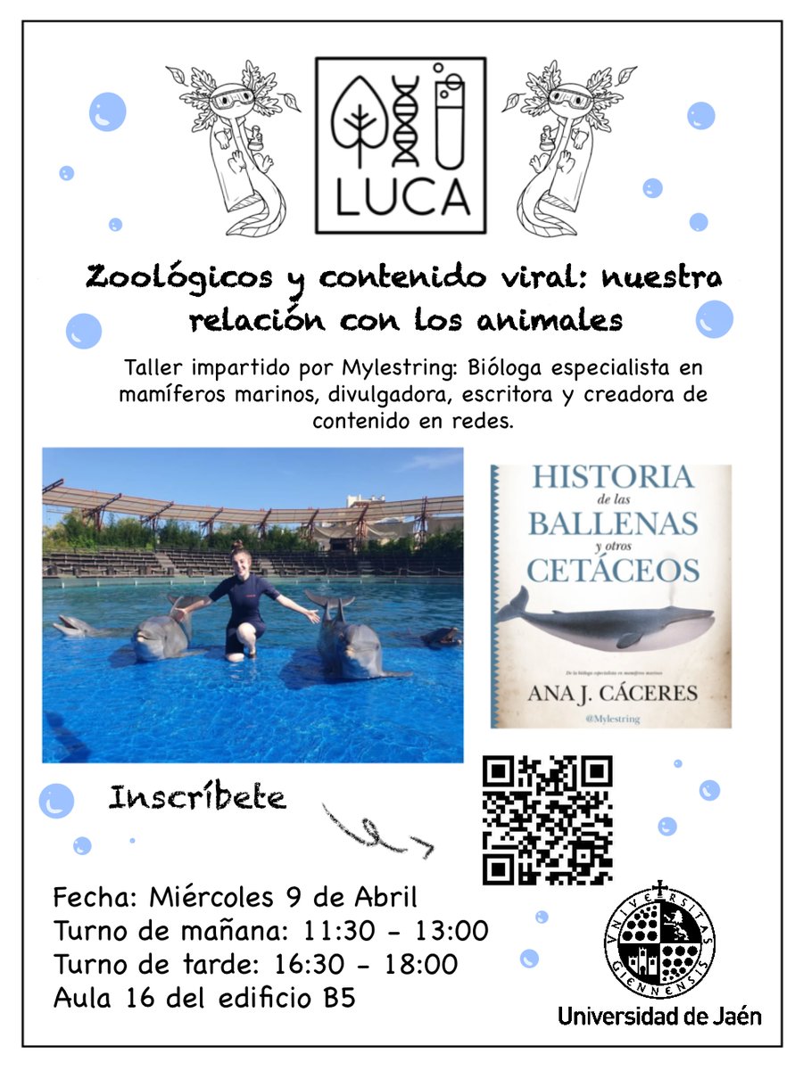 Mañana, 9 de abril, tendremos a <a href="/Mylestring/">Myles 🐬 HISTORIA DE LAS BALLENAS 📖❤🐋</a> dando un taller muy interesante sobre animales, conservación y contenido viral. No os lo perdáis!

Enlace de inscripción: 
forms.gle/zkApSztwAR29cK…

<a href="/ujaen/">Universidad de Jaén</a> <a href="/UjaCultura/">UJA CULTURA</a> <a href="/vicestUJA/">Estudiantes UJAEN</a> <a href="/nicolasruizuja/">Nicolás Ruiz</a> <a href="/CEUJA/">CEUJA</a>