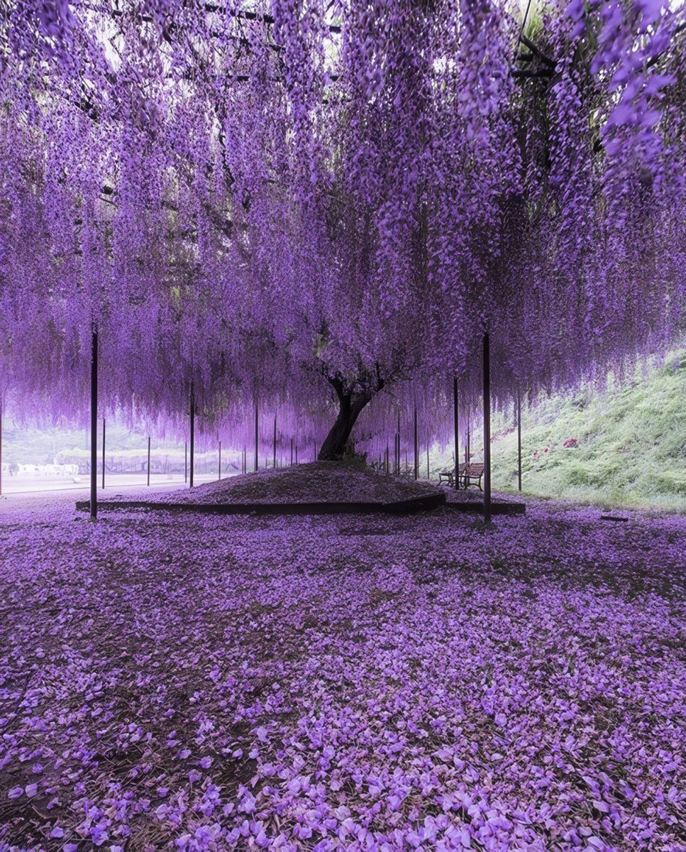 The Great Wisteria at Ashikaga Flower Park in Tochigi, Japan 🇯🇵, is about 150 years old 🌸. Spanning nearly 1,000 square meters 📏, it blooms every spring 🌼, drawing thousands of visitors 🧳👣.