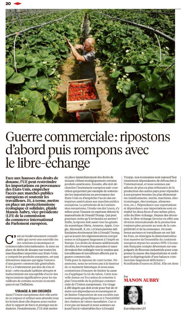 ManonAubryFr's tweet photo. Face à la guerre commerciale de Trump, l'Union 🇪🇺 doit répondre fermement.

Mais elle a aussi une responsabilité historique : celle de rompre avec le libre-échange pour relocaliser la production et réduire ses dépendances.

Ma tribune dans Libération 👇 https://t.co/tjuSCiVOaa