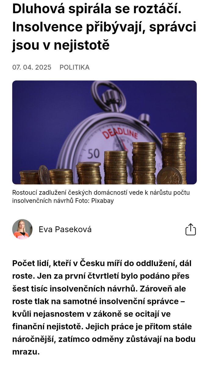 V Česku roste počet lidí, kteří mají problém s dluhy. Počet insolvenčních návrhů meziročně stoupl o téměř 14 % (13,77 %). Za první čtvrtletí letošního roku bylo podáno 6 667 insolvenčních návrhů. Další z výsledků práce vlády @p_fiala.