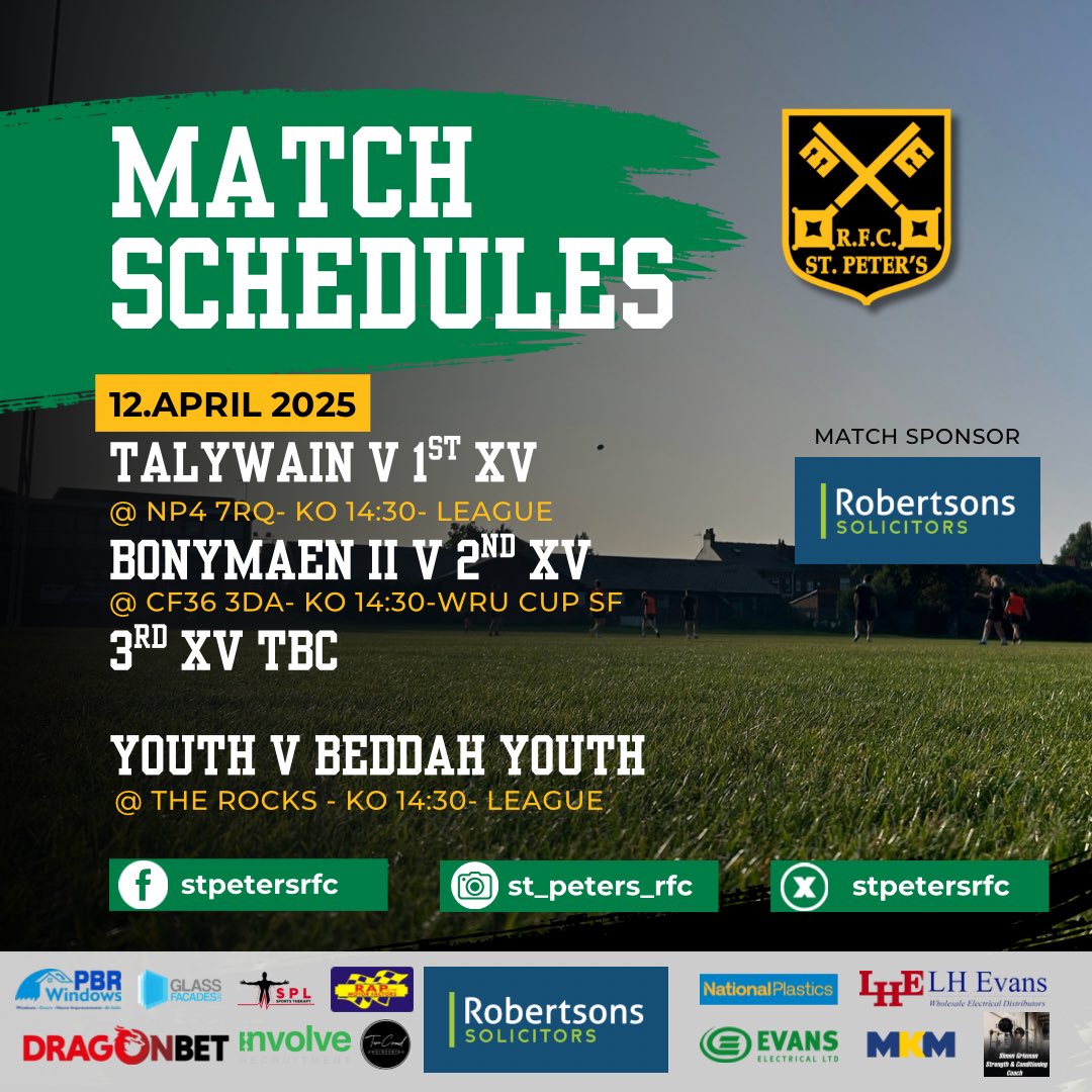 St. Peters RFC (@stpetersrfc) on Twitter photo Three big matches this weekend for the Rocks.
1st XV travel to <a href="/Talywain_RFC/">Talywain RFC</a>
2nd XV have their WRU Cup Semi-Final against <a href="/Bonymaenrugby/">Bonymaen RFC</a> at <a href="/porthcawlrfc/">porthcawlrfc</a>
Youth take on <a href="/BeddauRFC/">Beddau R.F.C. ๐</a> at home.
<a href="/StPetersYouth3/">St Peters RFC Youth</a>
<a href="/StPetersMandJ/">St Peters RFC Minis & Juniors</a> Three big matches this weekend for the Rocks.
1st XV travel to <a href="/Talywain_RFC/">Talywain RFC</a>
2nd XV have their WRU Cup Semi-Final against <a href="/Bonymaenrugby/">Bonymaen RFC</a> at <a href="/porthcawlrfc/">porthcawlrfc</a>
Youth take on <a href="/BeddauRFC/">Beddau R.F.C. ๐</a> at home.
<a href="/StPetersYouth3/">St Peters RFC Youth</a>
<a href="/StPetersMandJ/">St Peters RFC Minis & Juniors</a>