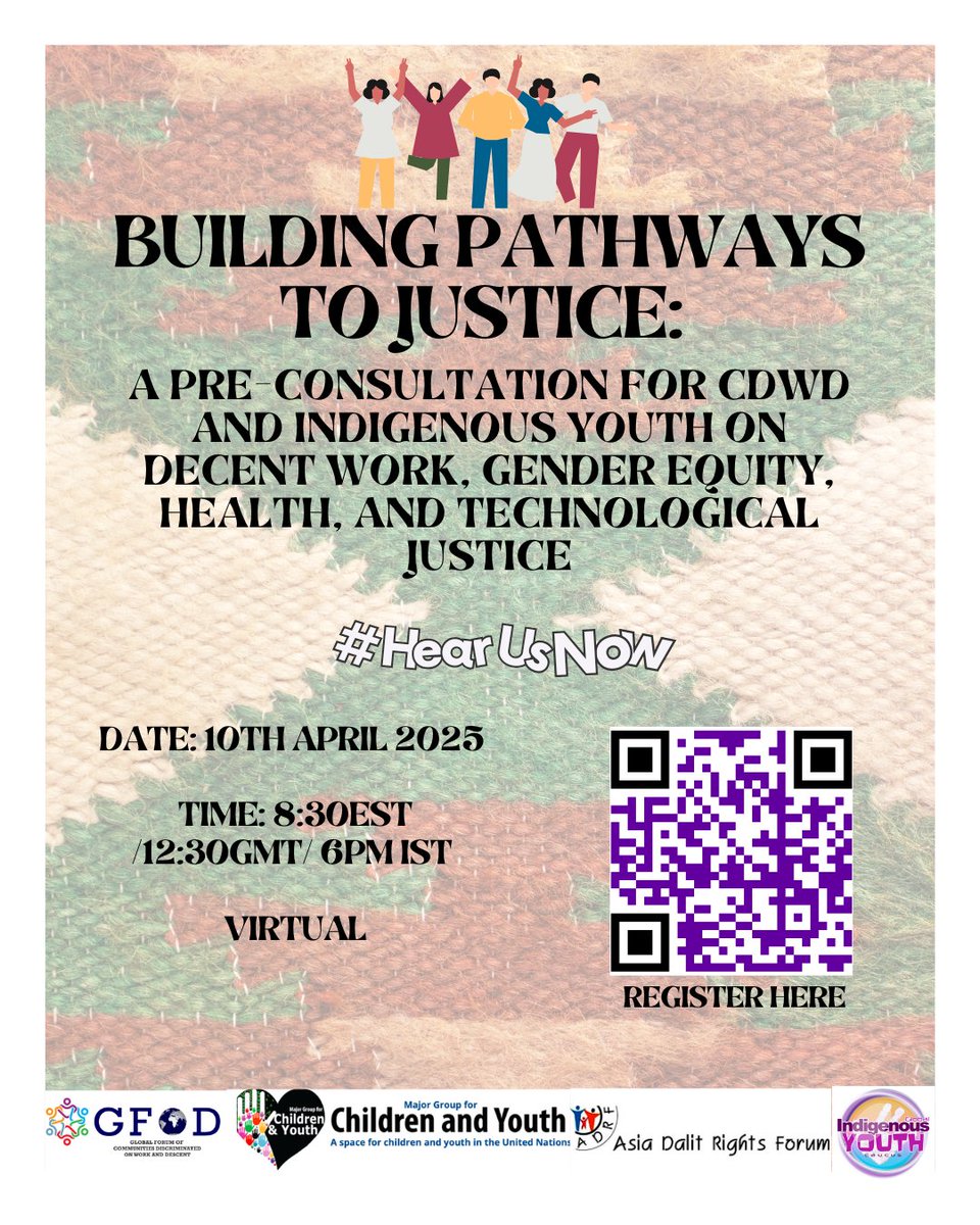Global Forum of CDWD (GFoD) (@castoutslavery) on Twitter photo As we prepare for the 2025 <a href="/UNECOSOC/">UN ECOSOC President</a> Youth Forum, it is vital that the voices of youth from historically marginalized groups—particularly #CDWD and #Indigenous communities—are meaningfully included. #HearUsNow
This pre-consultation aims to create a dedicated space for youth from As we prepare for the 2025 <a href="/UNECOSOC/">UN ECOSOC President</a> Youth Forum, it is vital that the voices of youth from historically marginalized groups—particularly #CDWD and #Indigenous communities—are meaningfully included. #HearUsNow
This pre-consultation aims to create a dedicated space for youth from