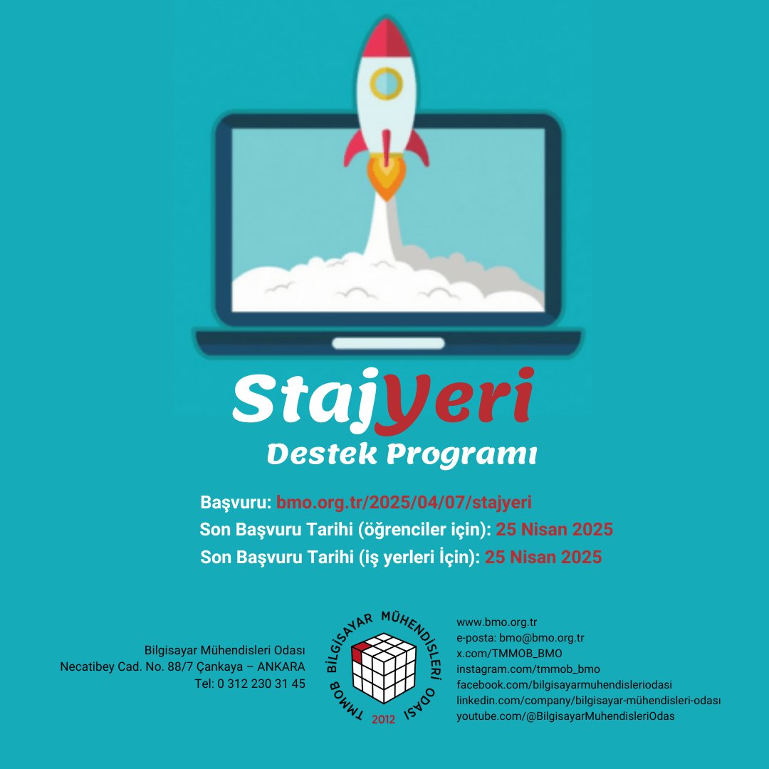 BMO StajYeri Destek Programı'na başvurular başladı!Son başvuru tarihi 25 Nisan 2025'tir. Ayrıntılı bilgi için: bmo.org.tr/2025/04/08/sta…