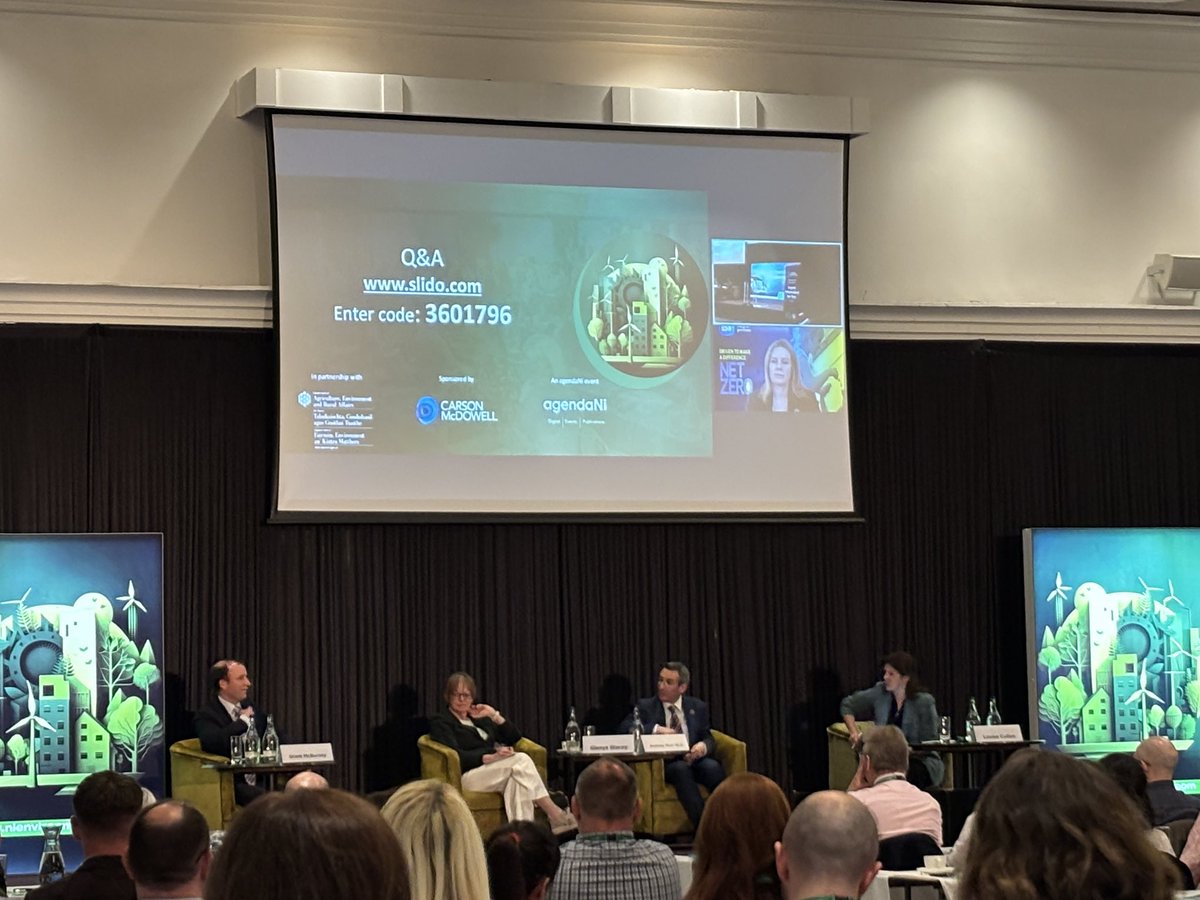 Andrew_ALUK's tweet photo. DAERA Minister Andrew Muir, Dame Glenys Stacey, Grant McBurney and Sharon McManus are now taking part in a panel debate chaired by Louise Cullen.
The Minister is currently answering a question around the 900 vacancies in his department + the resource implications. #NIEnvironment https://t.co/PzxqfeF2BV