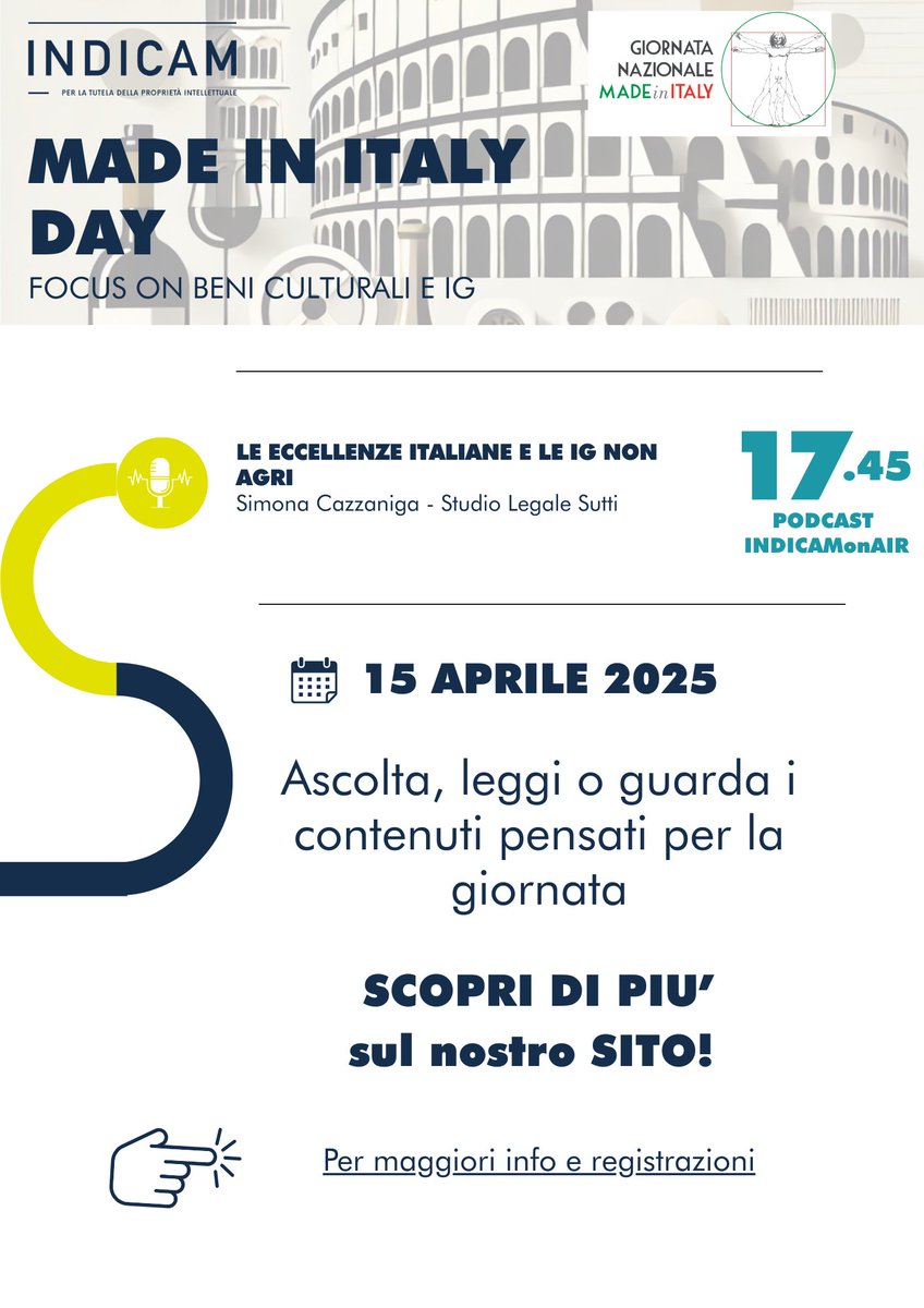 Manca SOLO una settimana!
Il 15.04 festeggiamo la Giornata del Made in Italy con un evento tutto da vivere!

Si approfondiranno i temi dei beni culturali e tutela dei diritti IP e le indicazioni geografiche riguardando brand e aziende > lnkd.in/dUw7_qXk

#GNMI2025