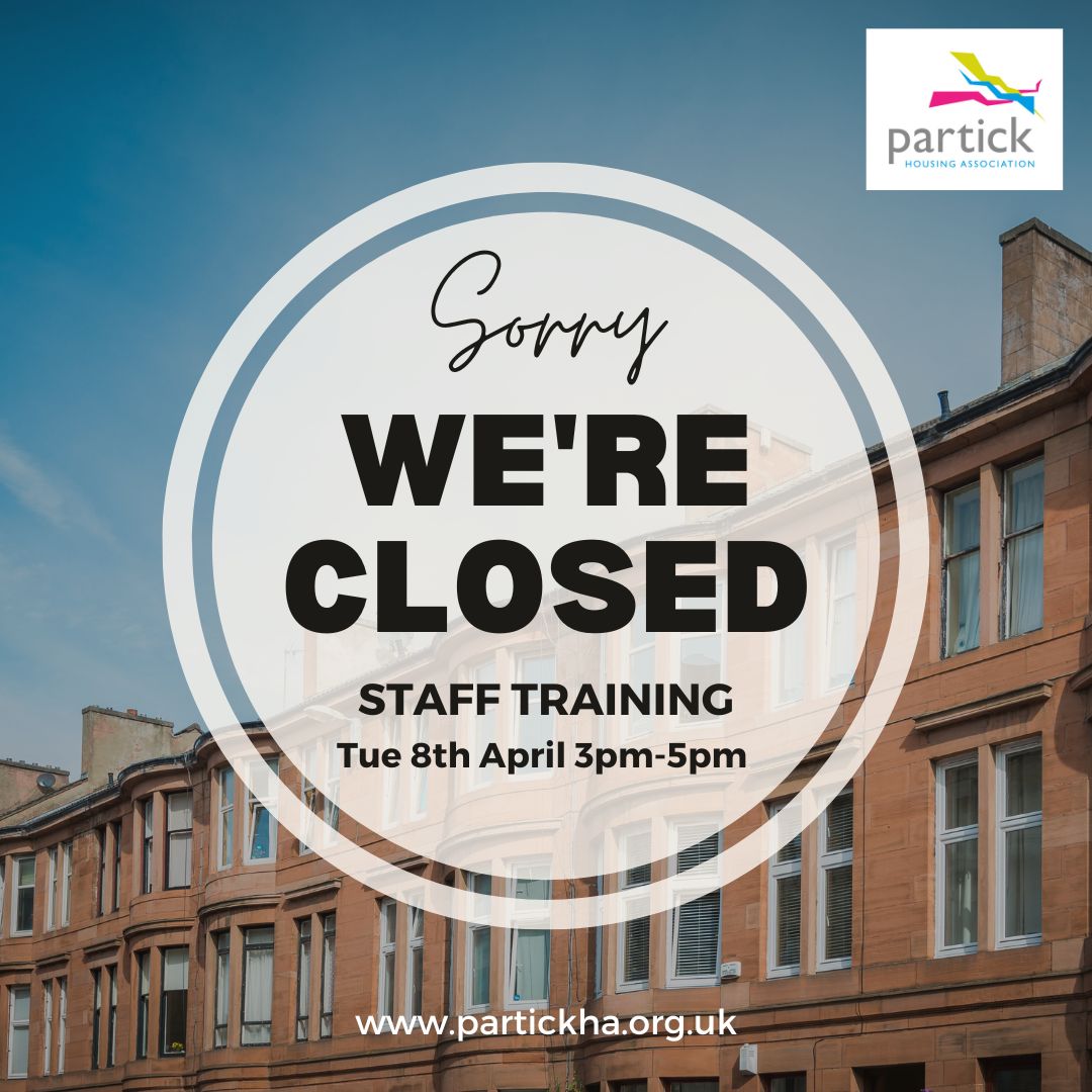 The PHA Office and Reception will close today at 3pm for essential staff training. For a list of our emergency repair phone numbers please visit: partickha.org.uk/your-home/look…. The office will reopen at 9am on Wednesday 9th April. We apologise for any inconvenience.