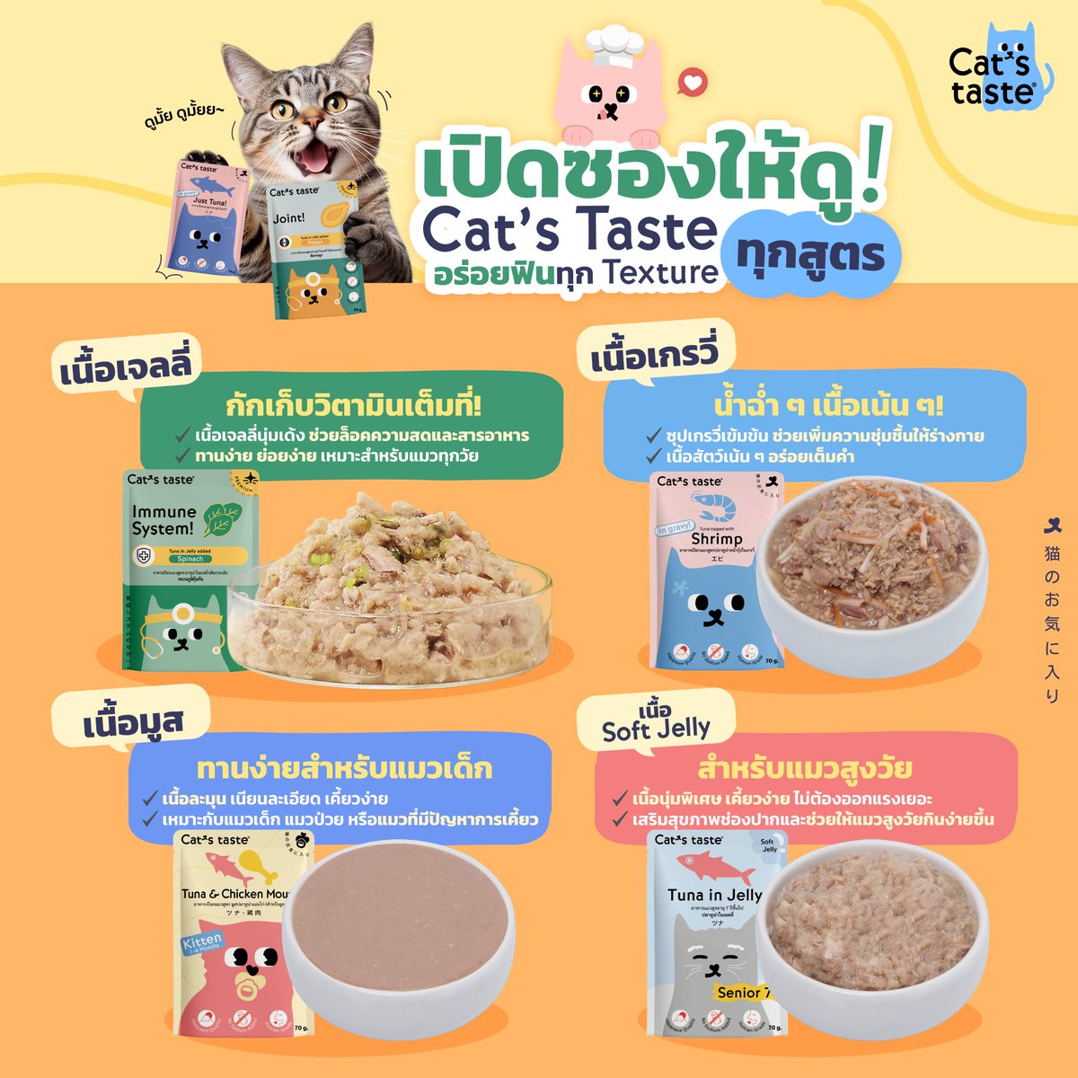 👀✨ เปิดซองให้ดู! Cat’s Taste อร่อยฟินทุก Texture
ไม่ว่าจะแมวเด็ก แมวสูงวัย หรือแมวสายเลือกกิน ก็มีให้เลือกแบบจัดเต็ม!

🍽 เนื้อเจลลี่ – เนื้อฉ่ำ วิตามินแน่น เหมาะกับทุกวัย
🍽 เนื้อเกรวี่ – ชุ่มน้ำซุป กลิ่นหอม เนื้อเต็มคำ
🍽 เนื้อมูส – ละมุนลิ้น เหมาะกับแมวเด็ก / แมวป่วย
🍽 เนื้อ Soft Jelly – เคี้ยวง่าย สำหรับแมวสูงวัย

💡 จะแมวสายไหน Cat’s Taste ก็มีสูตรที่ใช่ให้เหมียวฟินได้ทุกวัน
พร้อมดูแลสุขภาพด้วยสารอาหารครบถ้วน อร่อยจนเหมียวต้องยอมสยบ!

🛒 ไปตำกันได้แล้วที่
🧡 Shopee: https://t.co/e9SPk0YP1n
💜 Lazada: https://t.co/VHr4NfmsT9
#Catstaste #อาหารแมว
#Catstasteคิดมาแล้วให้แมวlove