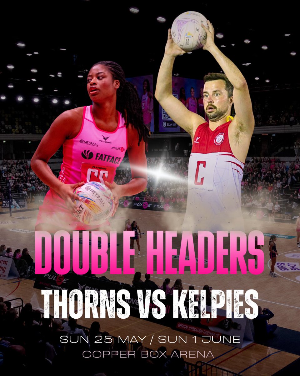 🚨 DOUBLE HEADERS 🚨 

We are buzzing to host the England Thorns in two of their tests against the formidable Australian Kelpies 🥀

Test 1️⃣ will take place on Sunday 25 May before our game against <a href="/PanthersNball/">Birmingham Panthers Netball</a> 🐆 

Test 3️⃣ kicks off at 15:30 on Sunday 1 June before we face
