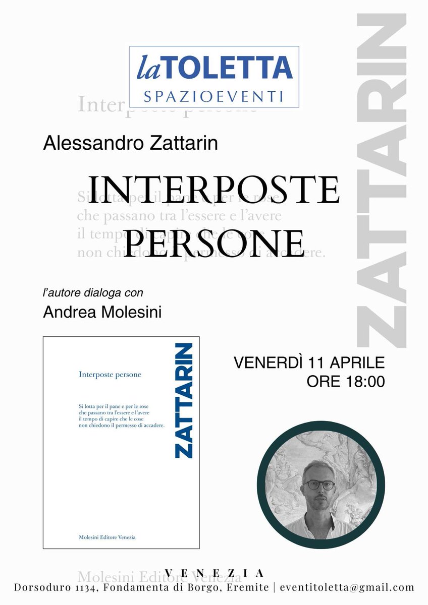 MolesiniEditore's tweet photo. #AlessandroZattarin è saggista, traduttore, pianista, organizzatore di concerti e spettacoli. Con #InterpostePersone Zattarin ci consegna la propria scrittura in versi: https://t.co/fMGqK95Gy5
Vi aspettiamo alla libreria Toletta l'11 aprile, giorno di uscita del libro! https://t.co/cy0G3rS1fU