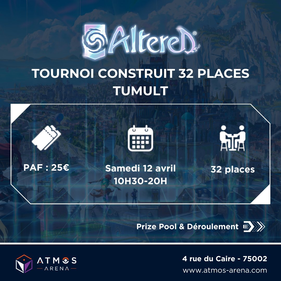 Atmos_Arena's tweet image. Ce samedi, participez à notre tournoi Tumult @Altered_TCG à Atmos Arena Paris !

Des récompenses exclusives, une display pour le gagnant et des boosters pour tous ! #Altered 

Inscriptions ici : atmos-arena.com/event/tournoi-…
