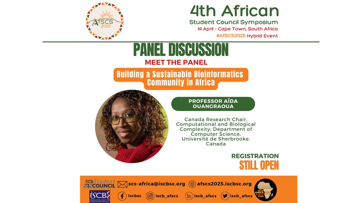 SCS-Africa 2025 (@iscb_afscs) on Twitter photo Exciting opportunity to meet the next panelist for the panel discussion in the African Student Council Symposium 2025. Register now and be part of the conversation shaping Africa's future in bioinformatics! iscb.org/africa2025/reg……
<a href="/iscbsc/">ISCB Student Council</a>
<a href="/iscb/">ISCB News</a>
<a href="/SASBi_Students/">SASBi Students</a> Exciting opportunity to meet the next panelist for the panel discussion in the African Student Council Symposium 2025. Register now and be part of the conversation shaping Africa's future in bioinformatics! iscb.org/africa2025/reg……
<a href="/iscbsc/">ISCB Student Council</a>
<a href="/iscb/">ISCB News</a>
<a href="/SASBi_Students/">SASBi Students</a>