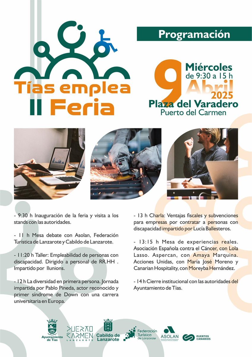 Te esperamos en la II Feria Tías Emplea el 09 de abril de 09:30 a 15:00 h. en la Plaza del Varadero, Puerto del Carmen. 

Amaya Marquina, vocal de la Junta de la Entidad y persona con TEA participará en la Mesa de experiencias reales.