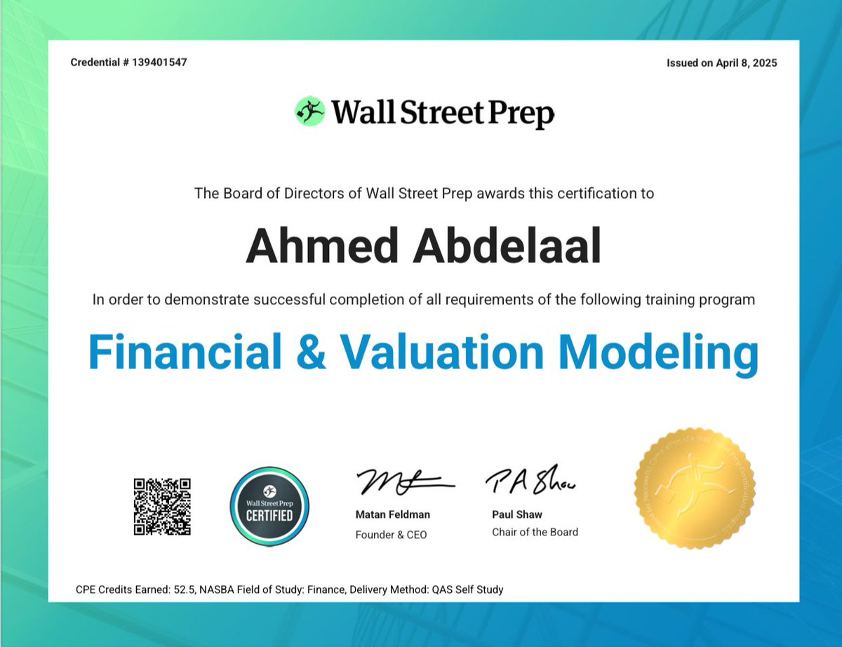 تم بحمدالله حصولي علي شهادة التحليل والنمذجة المالية من <a href="/wallstreetprep/">Wall Street Prep</a>
