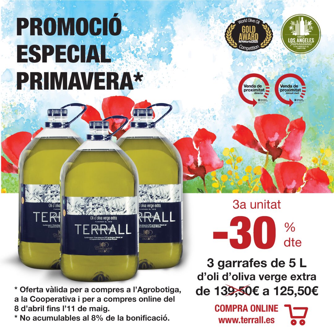 TerrallBorges's tweet photo. PROMOCIÓ ESPECIAL DE PRIMAVERA🌸🌼🌺
 
🔸 Tres garrafes de 5L d’oli d’oliva verge extra Terrall per només 125,50€, t’enduràs la 3a unitat al 30% de descompte! 🛒
 🔽 https://t.co/jygnv9YqMb