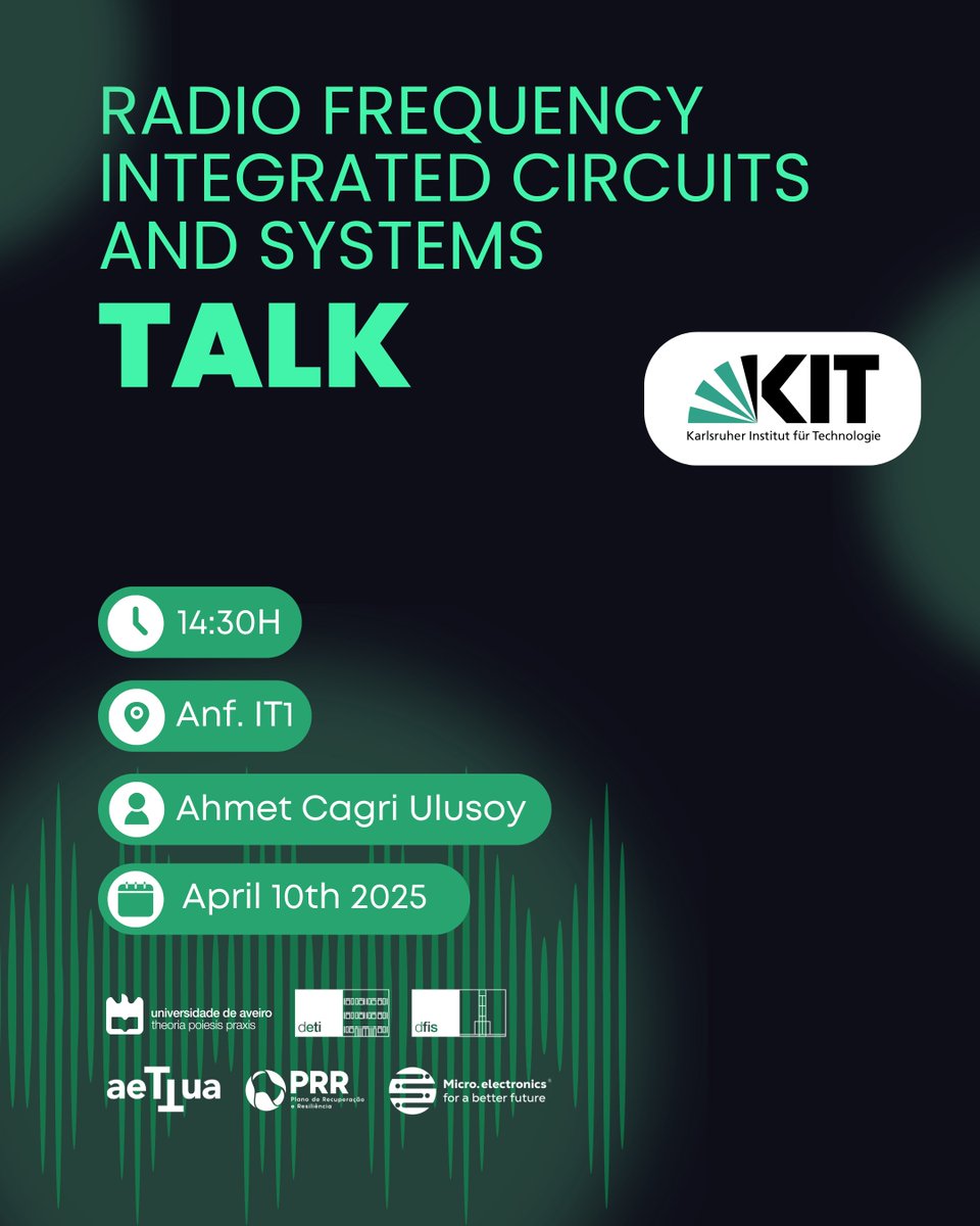 detiuaveiro's tweet photo. Palestra imperdível na @UnivAveiro !

Radio Frequency Integrated Circuits and Systems com Ahmet Cagri Ulusoy (KIT).

📅 10 abril | ⏰14h30 | 📍Anf. IT1

Marca já na agenda! 🗓️

#UA #deti #it #RFIC #Microelectronics https://t.co/KqAB9RFEOi
