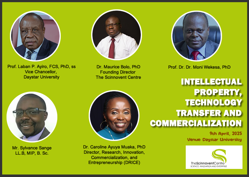 Upcoming Seminar! 🎓 Intellectual Property, Technology Transfer &amp; Commercialization 📷 Daystar University, Kenya 📷 Explore how IP drives innovation, research impact, and commercialization. Register:  Register: forms.office.com/r/8wK9ZPWQzE 
#ScinnoventCentre #IP