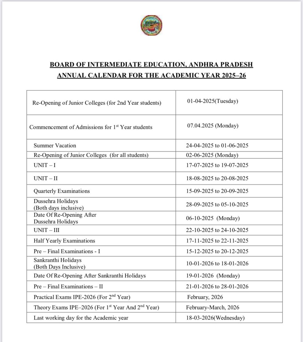 BieAndhra's tweet photo. Annual calendar for the academic year 2025-26 https://t.co/D0FZUMAUzF