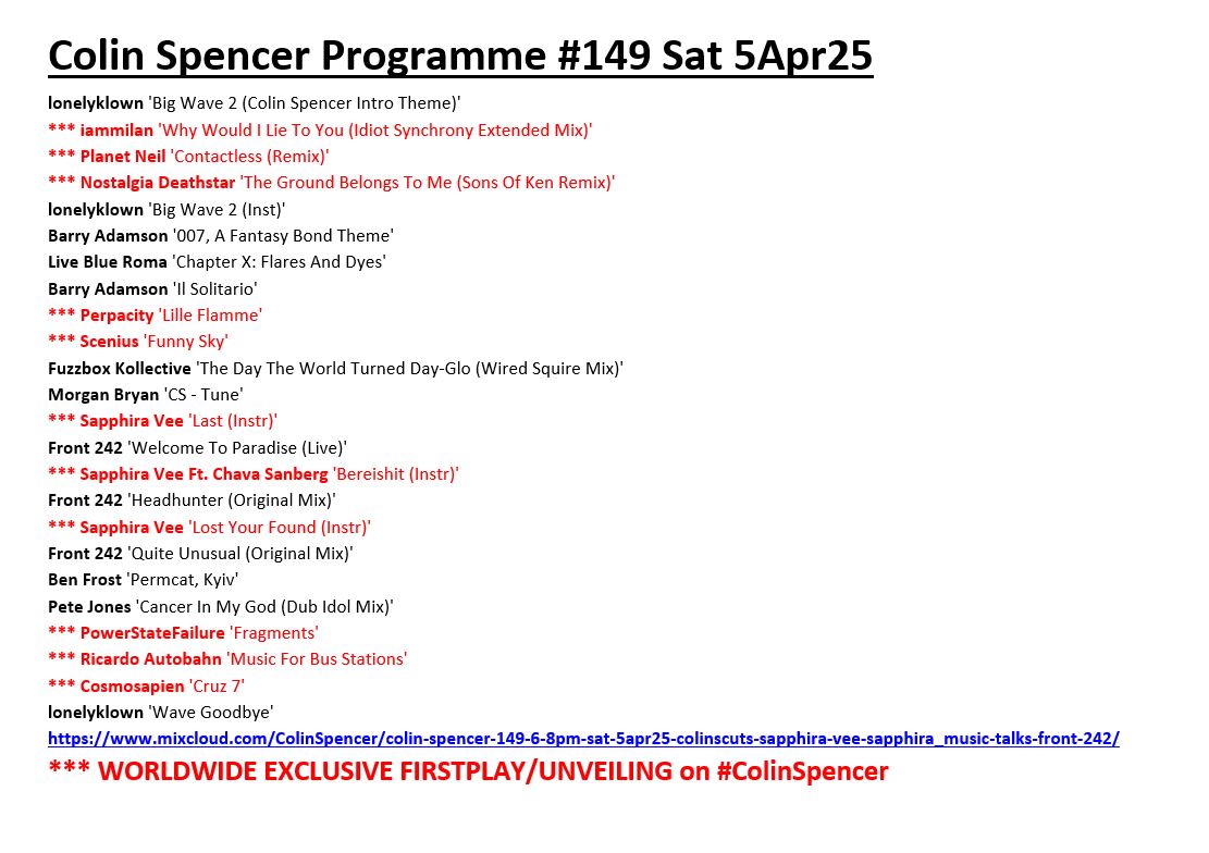Colin Spencer #AllAboutTheMusic #GenerationBlitz (@colinscuts) on Twitter photo #Tracklisting: #ColinSpencer Programme #149
▶️mixcloud.com/ColinSpencer/c…
featured, at least, ELEVEN worldwide #exclusive firstplays amongst the self-released artists and output of labels including <a href="/alfamatrix/">Alfa Matrix</a> <a href="/Banoffeesound/">Banoffeesound</a> <a href="/DistortionProd/">DistortionProd</a> <a href="/MuteUK/">Mute</a> <a href="/RetroSynthRecs/">RetroSynth Records</a> & <a href="/waxtraxchicago/">Wax Trax! Chicago</a> #Tracklisting: #ColinSpencer Programme #149
▶️mixcloud.com/ColinSpencer/c…
featured, at least, ELEVEN worldwide #exclusive firstplays amongst the self-released artists and output of labels including <a href="/alfamatrix/">Alfa Matrix</a> <a href="/Banoffeesound/">Banoffeesound</a> <a href="/DistortionProd/">DistortionProd</a> <a href="/MuteUK/">Mute</a> <a href="/RetroSynthRecs/">RetroSynth Records</a> & <a href="/waxtraxchicago/">Wax Trax! Chicago</a>