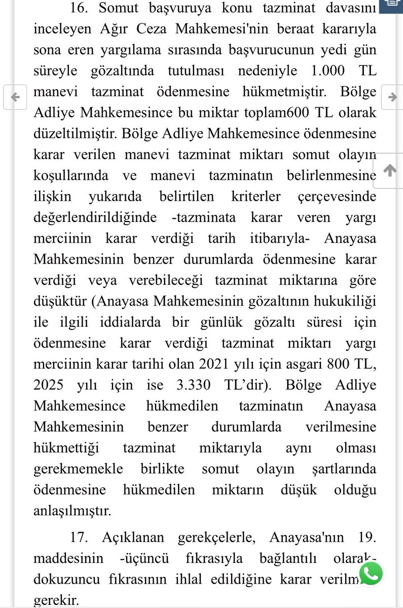 MarsHukuk's tweet photo. AYM den CMK 141 vd maddeleri uyarınca tazminat dosyalarında 2025 yılının güncel tazminat karar ve oranlarına dair kararlar yayınladı⬇️ 

⏩2025 yılı için 1 günlük manevi tazminat 3.330,00 TL

(Gülay Girgin [2.B.], B. No: 2021/51671, 22/1/2025, https://t.co/Z3faqKjhdG