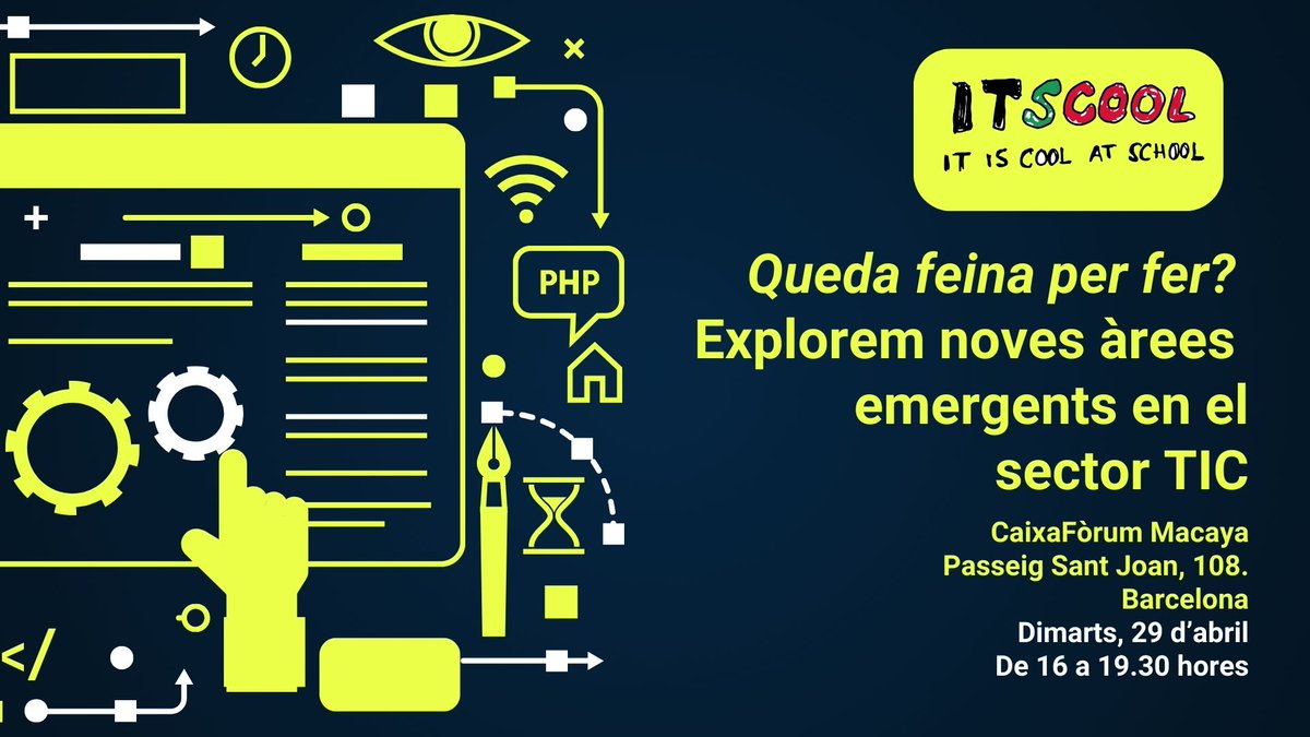 ITSCOOL_com's tweet image. 🚀Guardat la data: 29 d&apos;abril! Palau Macaya. De la mà d&apos;experts coneixerem noves àrees emergents en el sector #TIC Inscripcions obertes: itscool.cat/?q=ca/x-jornad…
