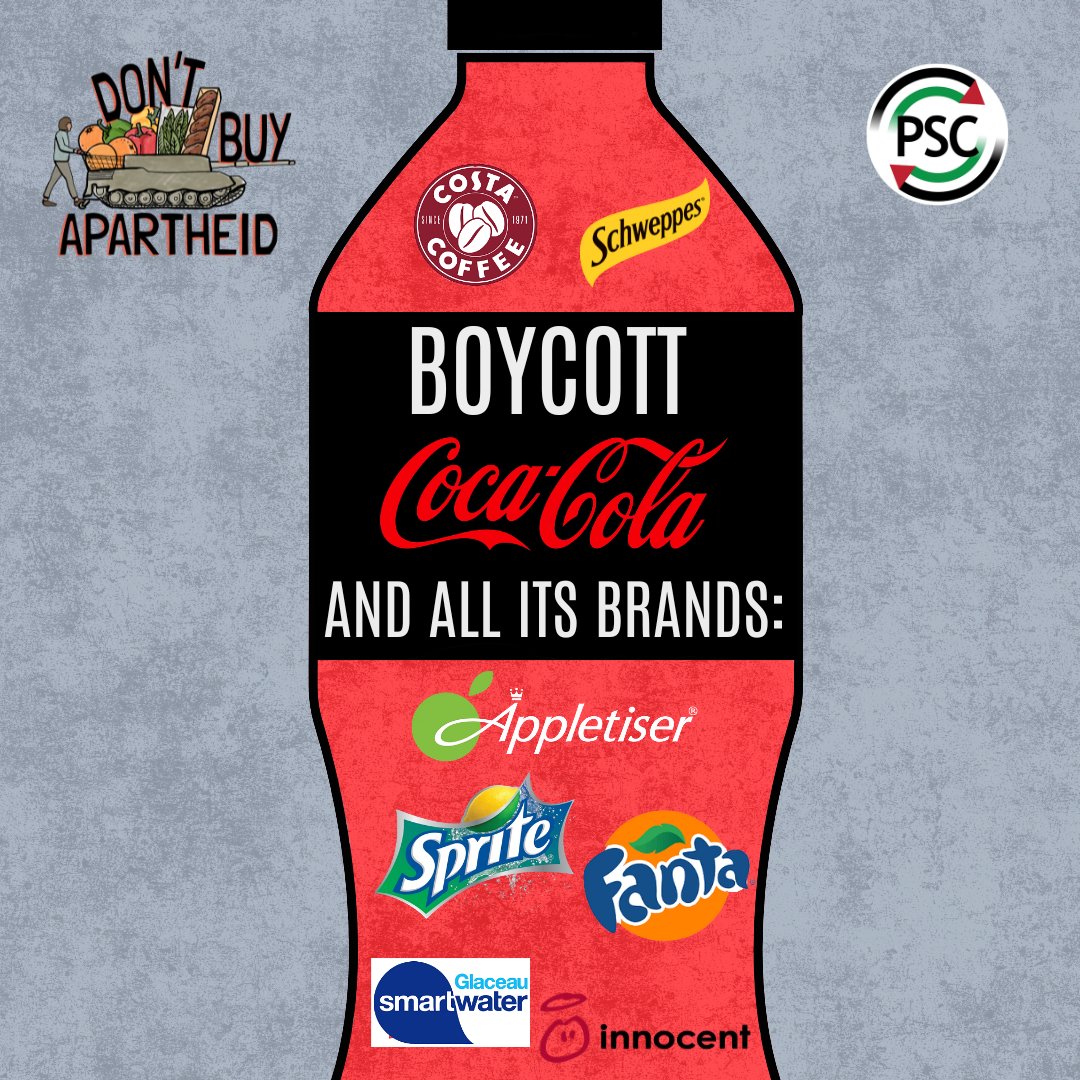 PSCupdates's tweet photo. 🚨Boycott Coca Cola and all its brands

Coca Cola operates in illegal Israeli settlements on stolen Palestinian land. Keep Coca-Cola and its brands such as Schweppes, Sprite, Innocent, Smart Water and Costa Coffee, out of your basket until it ends complicity in Israel's crimes. https://t.co/hAqVm9yyIa