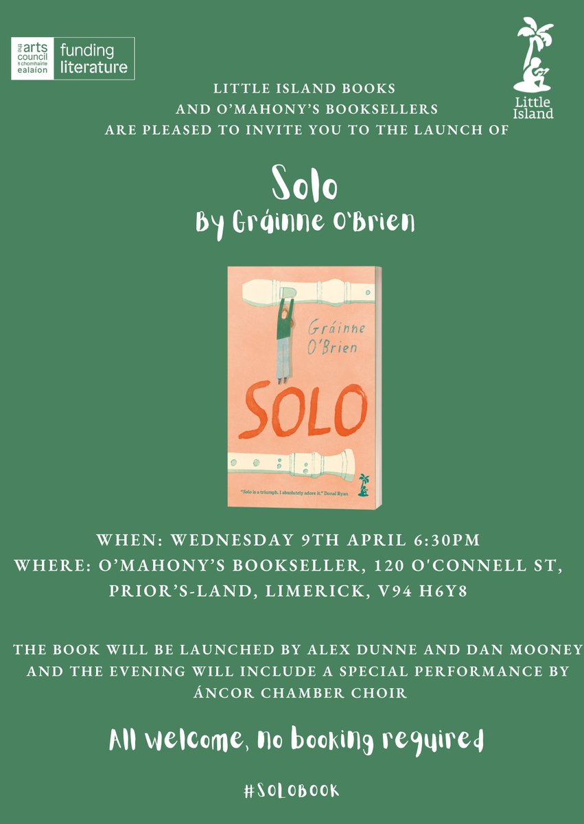 LittleIslandBks's tweet photo. Join us tomorrow at 6.30pm at @OMahonysBooks to celebrate the launch of SOLO by Gráinne O’Brien! All welcome, no booking required. #SoloBook #WhatsOnInLimerick https://t.co/Aqpvpg5MXk