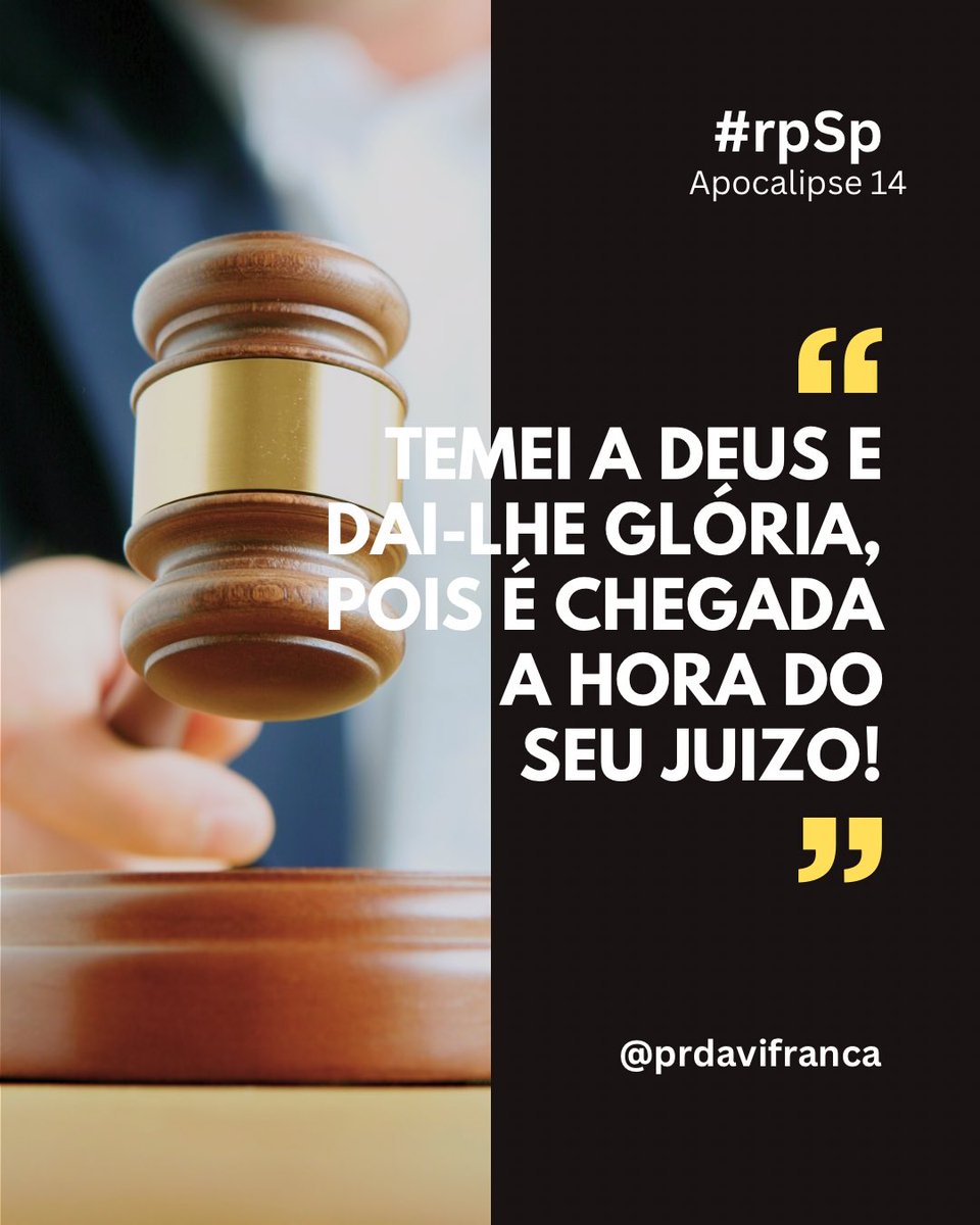 Davi França (@prdavifranca) on Twitter photo #rpSp | Apocalipse 14
Quem teme o Juiz não precisa ter medo do juízo! Creia e receba a justiça!
#Fé #Esperança #EuVou #Bíblia #jesus <a href="/iasd/">Adventistas Brasil</a> <a href="/AdventistasBaSe/">Adventistas Bahia Sergipe</a> #rpSp | Apocalipse 14
Quem teme o Juiz não precisa ter medo do juízo! Creia e receba a justiça!
#Fé #Esperança #EuVou #Bíblia #jesus <a href="/iasd/">Adventistas Brasil</a> <a href="/AdventistasBaSe/">Adventistas Bahia Sergipe</a>
